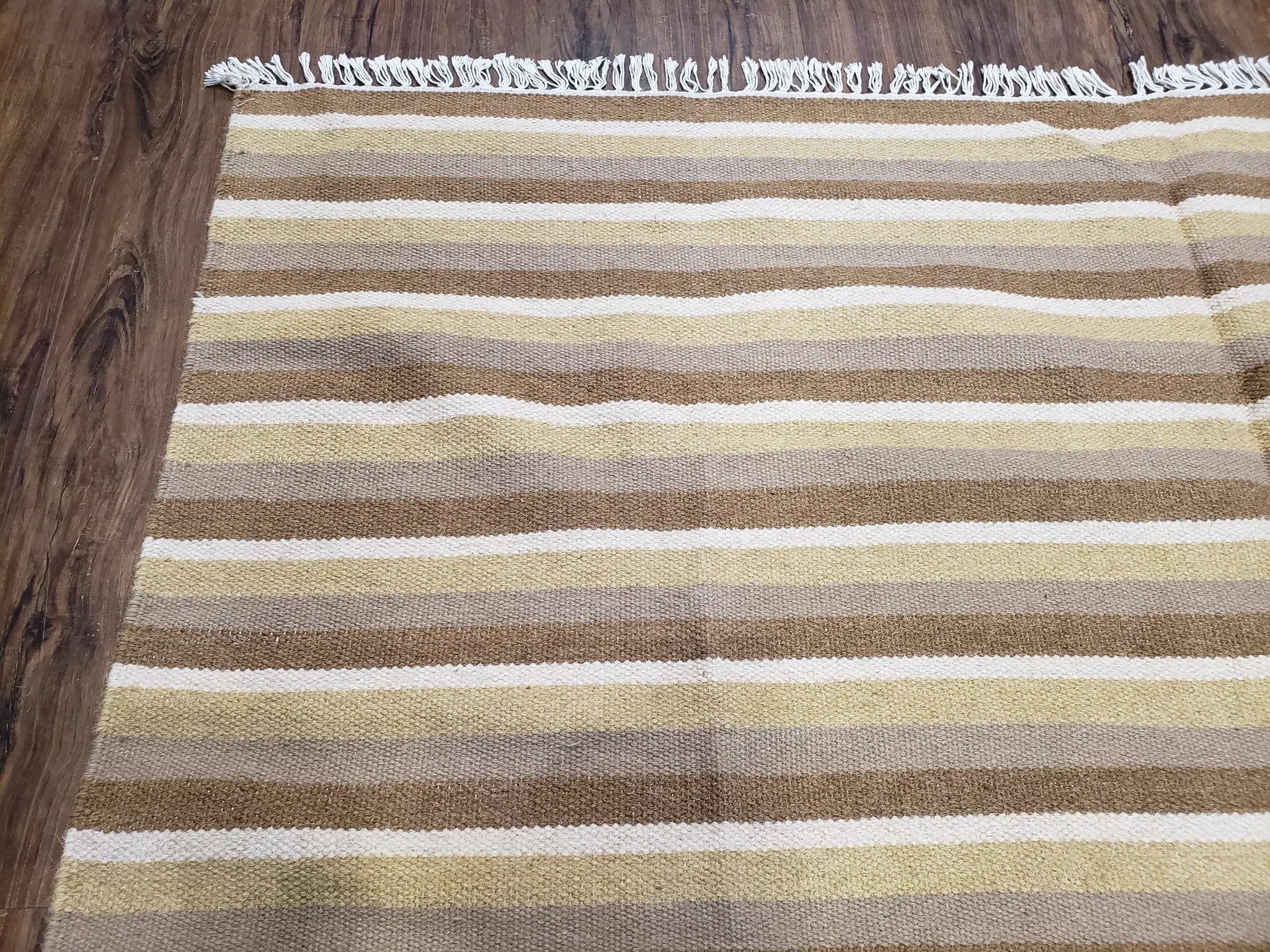 Indian Striped Blanket 6x9, Large Indo Kilim Area Rug, Earthern Tones Woolen Hand-Woven Flatweave South American Style Queen Size Bedspread by Jewel Rugs