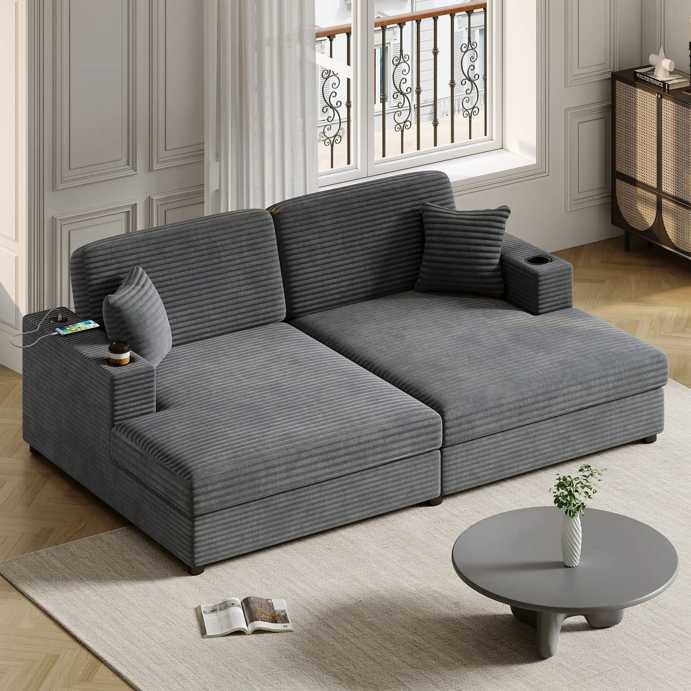 Oversized Loveseat Chaise With 2 USB Ports, 2 Cup Holders And 2 Throw Pillows by HouseOfZazla
