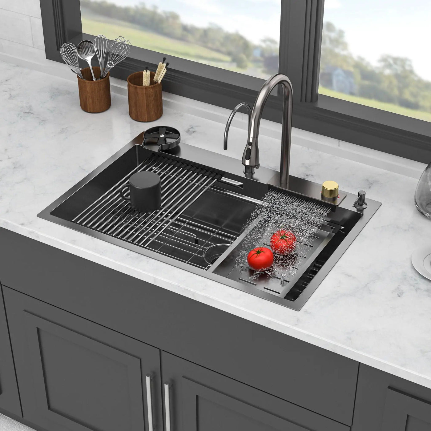 Waterfall Kitchen Sink With Pull Out Faucet & Cup Washer by HouseOfZazla