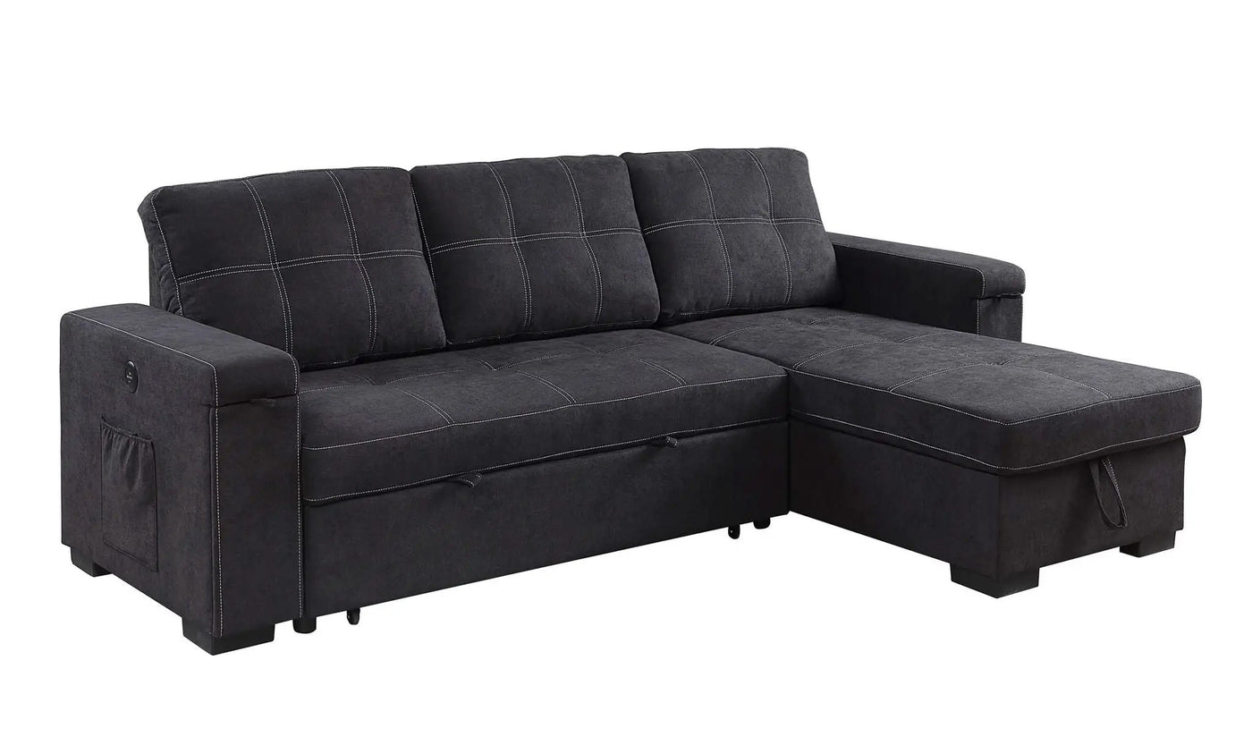 Toby - Woven Fabric Reversible Sleeper Sectional Sofa With Storage Chaise Cup Holder Charging Ports And Pockets by HouseOfZazla