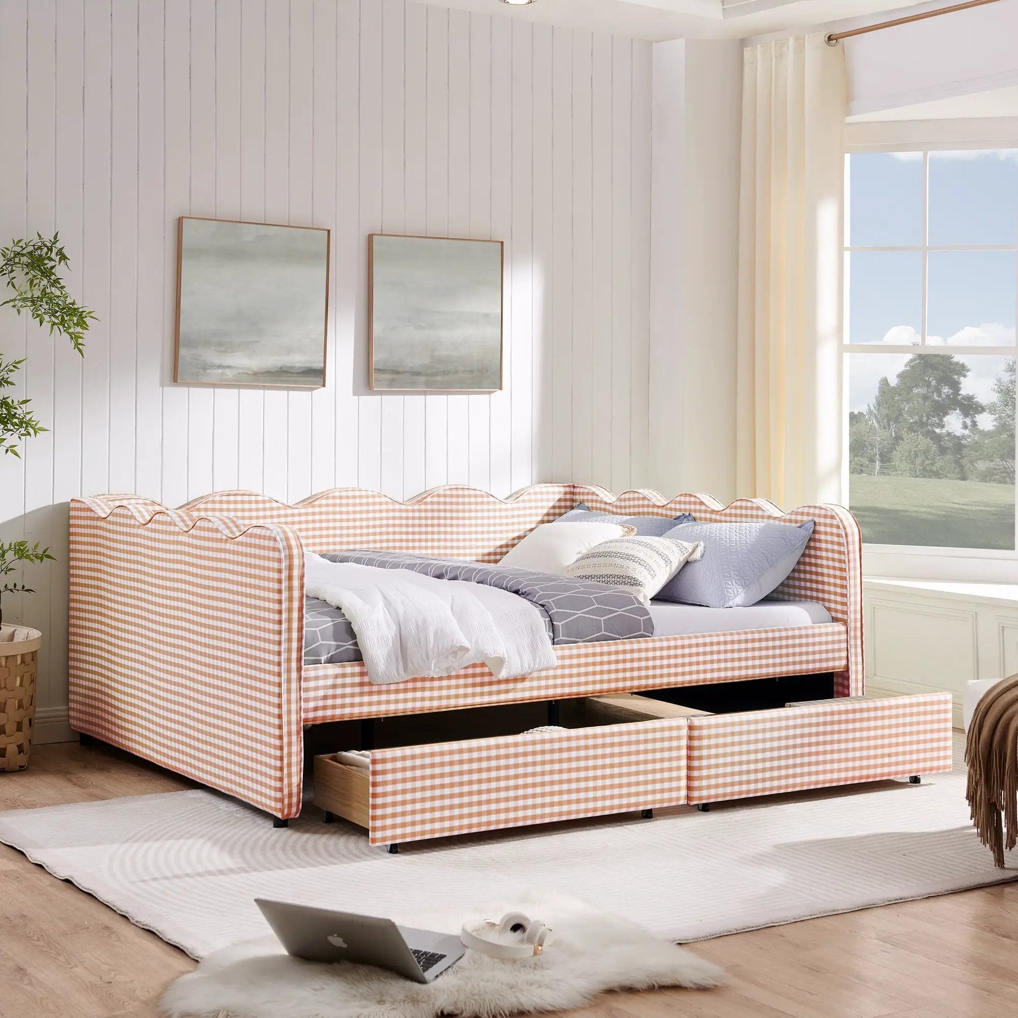 Queen Size Cozy Gingham Daybed with Two Storage Drawers and USB Port by HouseOfZazla