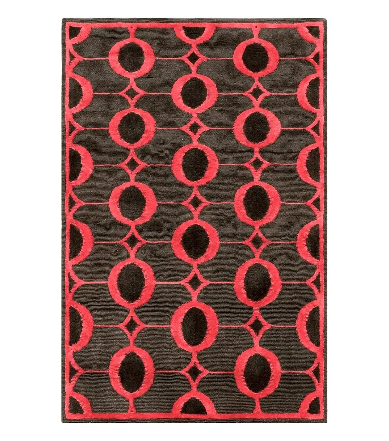 Modern Tibetan Rug 3.8 x 5.7, Raspberry Red and Dark Brown, Abstract Circle Design, Hand Knotted, Soft Wool Handmade Tibet Nepali Carpet 4x6 by Jewel Rugs