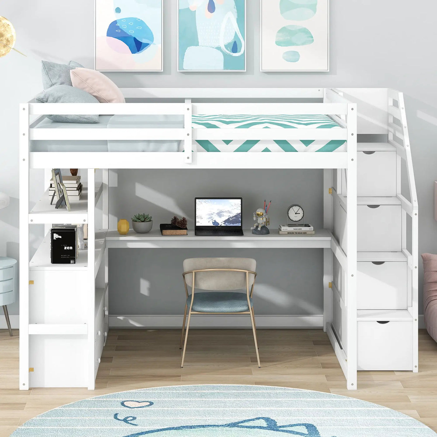 Loft Bed With Desk, Shelves, 2 Drawers, Storage Staircase by Unique Piece Furniture