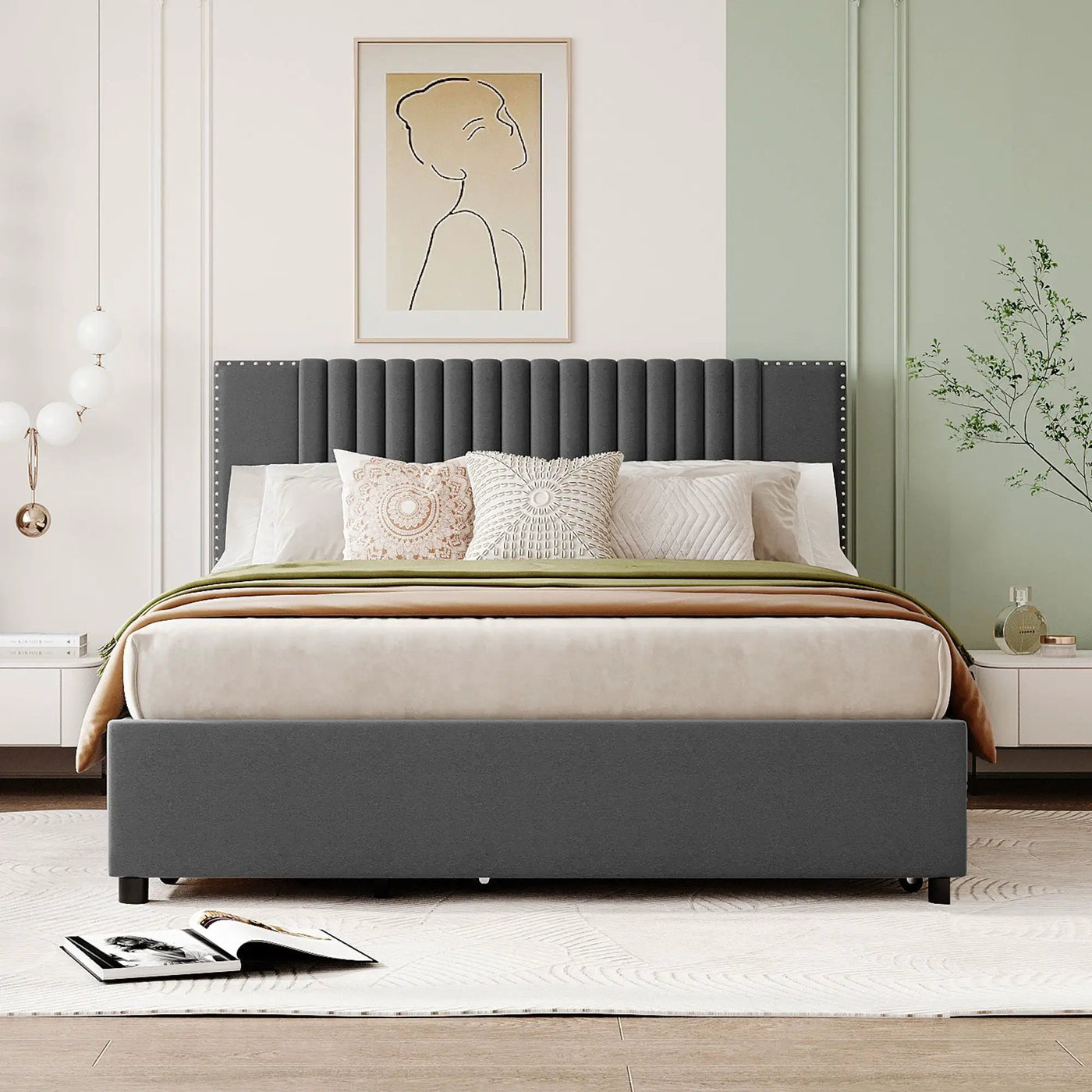 Upholstered Platform Bed With Drawers, Classic Headboard Design by HouseOfZazla