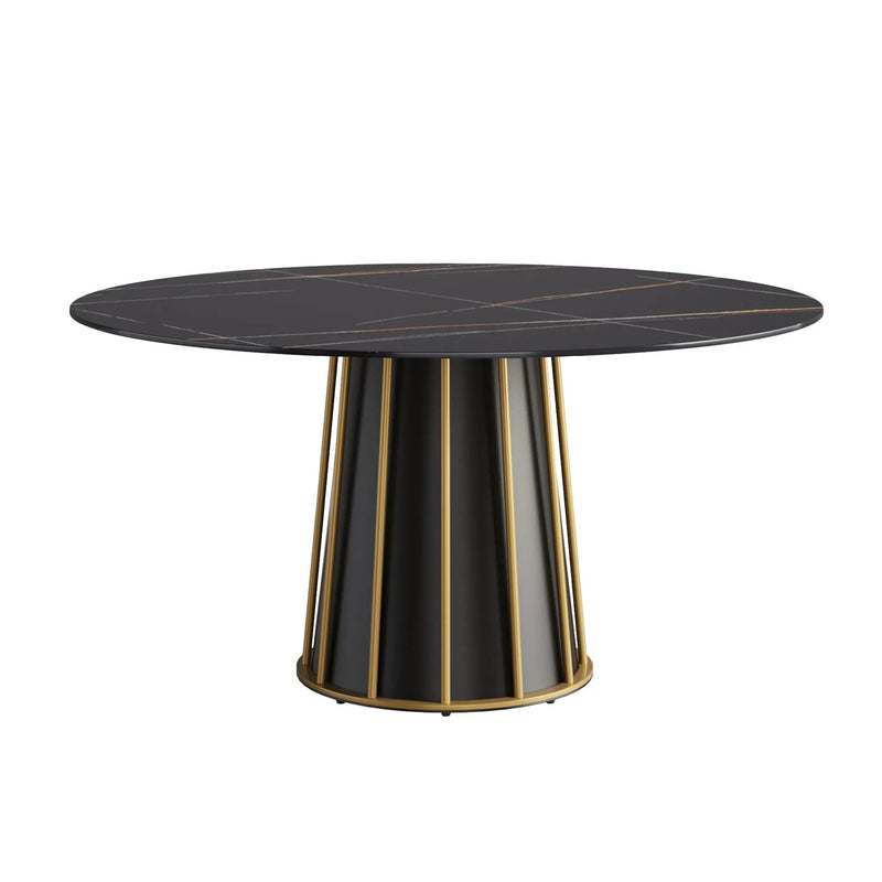 Modern Artificial Stone Round Metal Iron Base Dining Table, Can Accommodate 8 People, (Not Including Chairs) - Black by HouseOfZazla