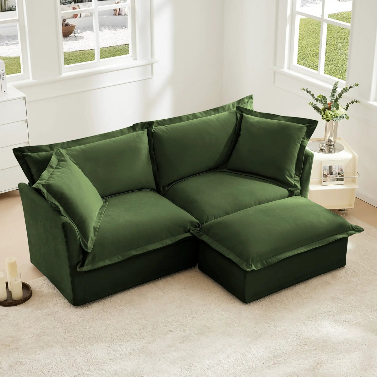 Slipcovered Sectional 2 Seater Sofa Couch with Convertible Ottoman by HouseOfZazla