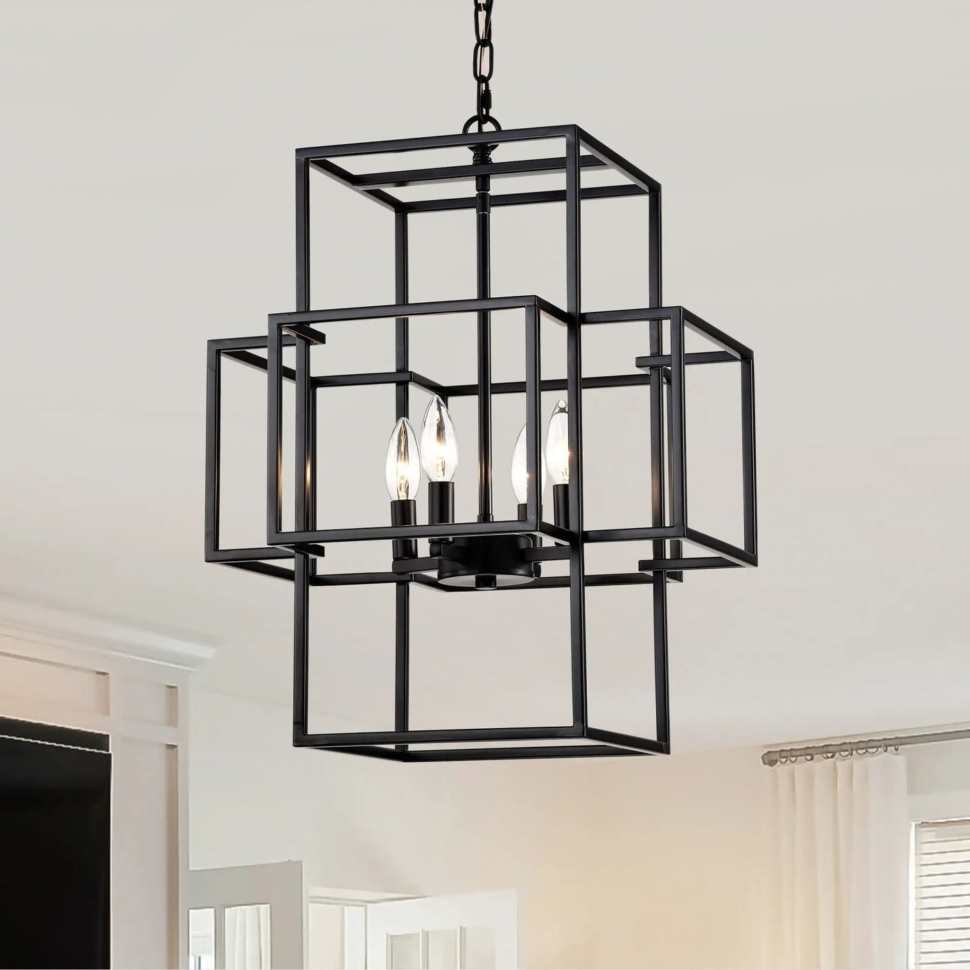4 Light Metal Lantern Tiered Pendant Hanging Light Fixtures, Industrial Farmhouse Adjustable Height Chandeliers For Dining Room Hallway Foyer Entryway (E12 Bulbs Not Included) by HouseOfZazla