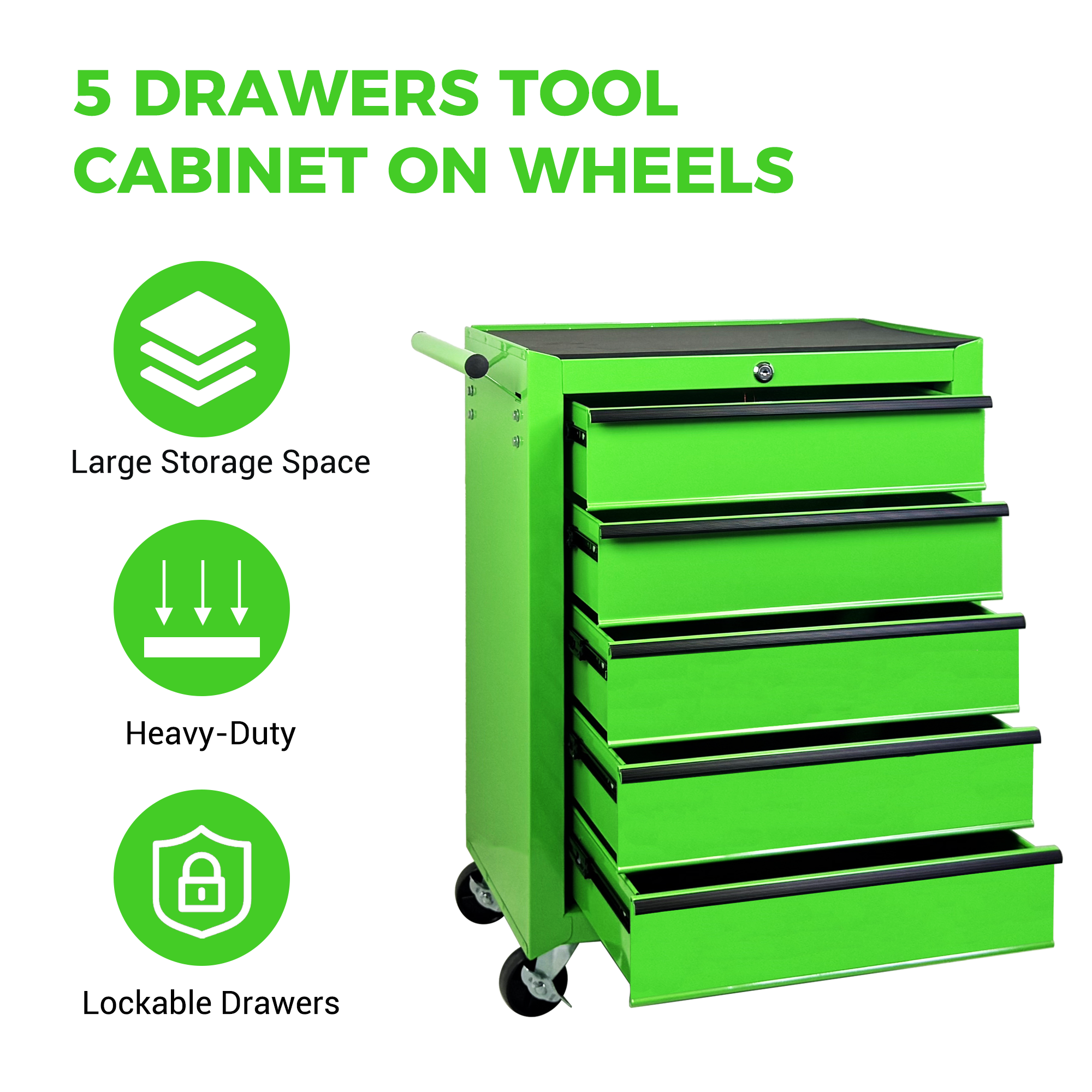 Rolling Metal Tool Chest with 5 Drawers, 20" Steel Cabinet - Green by HouseOfZazla