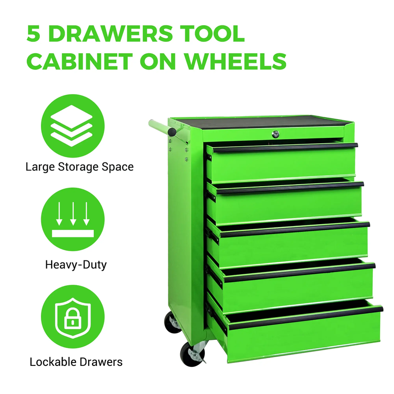 Rolling Metal Tool Chest with 5 Drawers, 20" Steel Cabinet - Green by HouseOfZazla