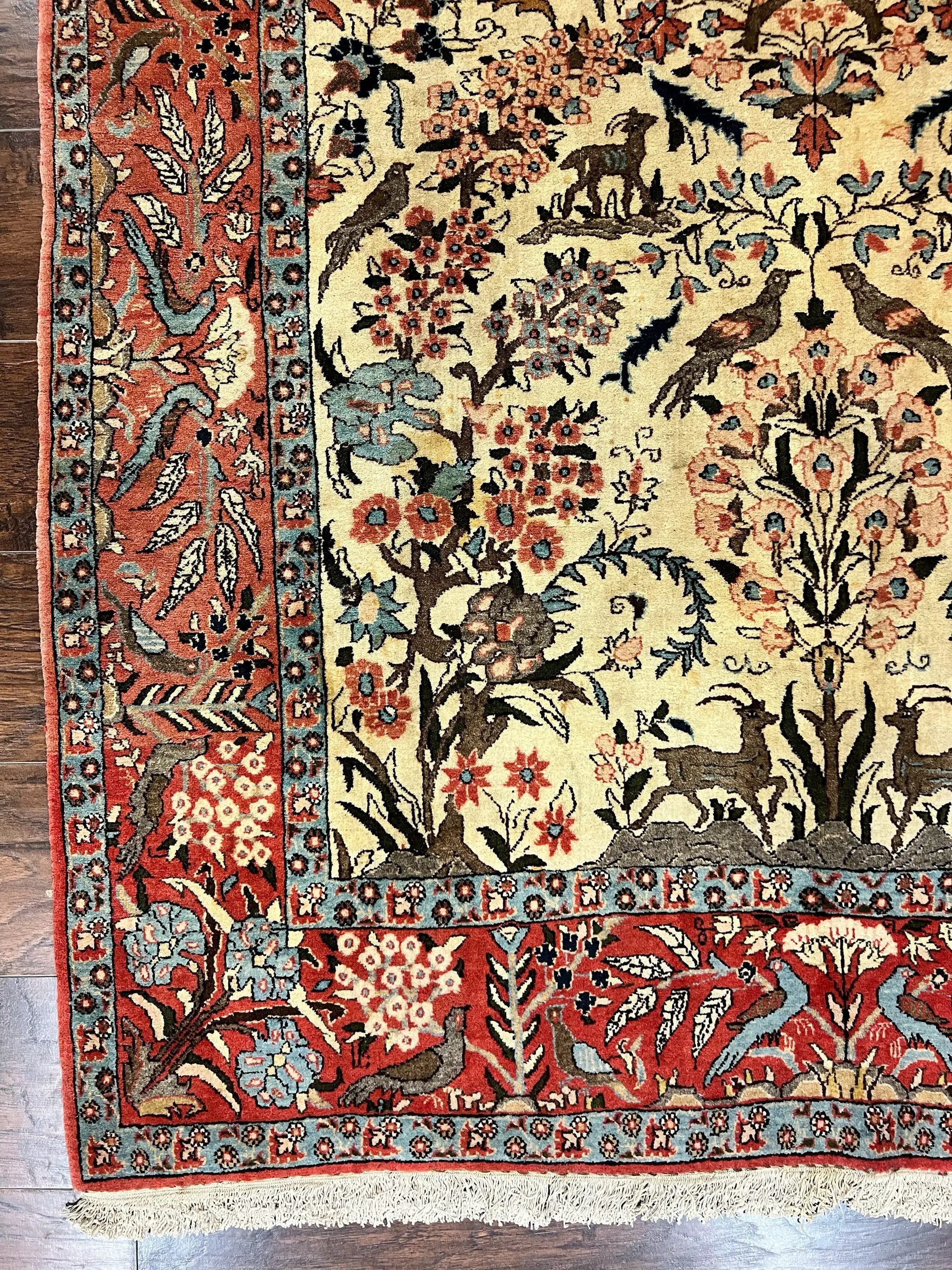 Persian Tree of Life 5x7, Qum Rug, Animal Motifs, Deer Birds, Fine 225 KPSI, Semi Antique Wool Rug, Cream Red by Jewel Rugs