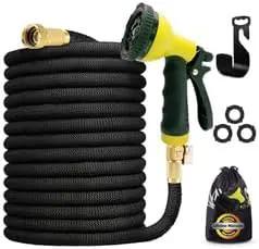 J&B XpandaHose 100ft Expandable Garden Hose with Holder - Heavy Duty Superior Strength 3750D - 4 -Layer Latex Core - Extra Strong Brass Connectors and 10 Spray Nozzle w/Storage Bag (Black 100) by GreenHaven Gardens