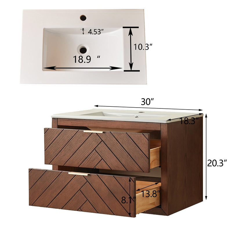 30" Pre-Assembled Wall Mounted & Floating Single Vanity Cabinet with 1-Hole Ceramic Top by HouseOfZazla