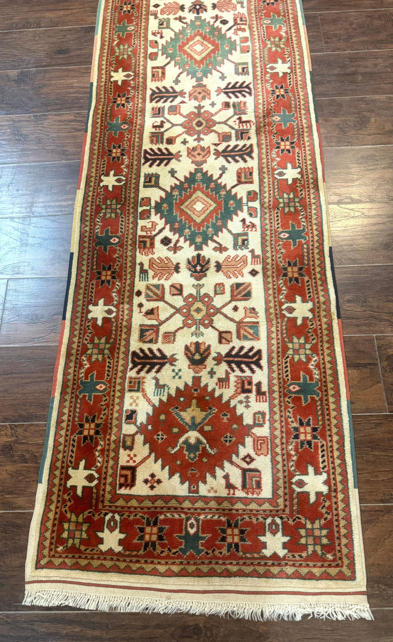 Turkish Runner Rug 2.4 x 8, Kazak Geometric Heriz Pattern, Beige Red by Jewel Rugs