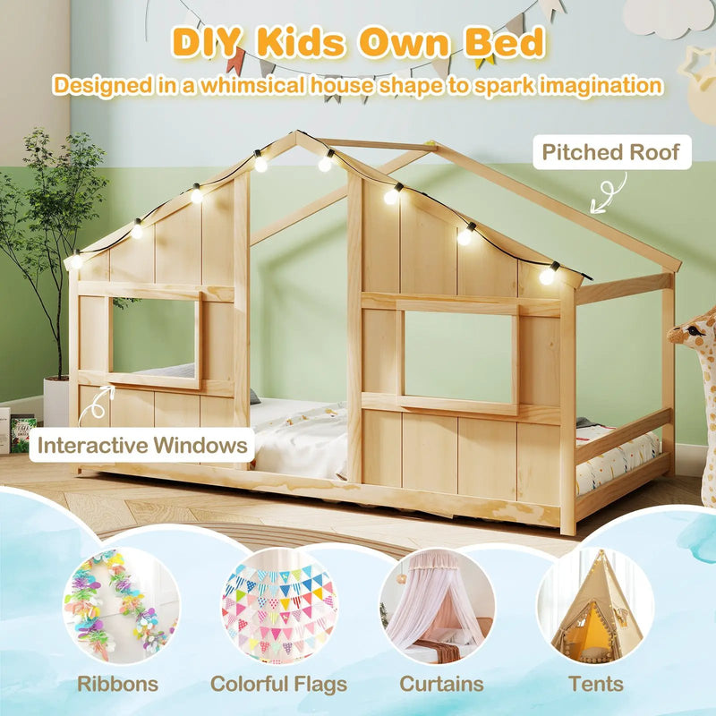 Twin Size House Bed with LED Lights Montessori Slat-free Floor Bed by DirectDeals