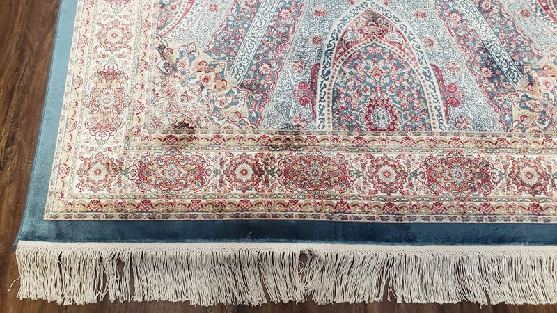 4x6 Silk Carpet, Light Blue & Beige Oriental Rug 4 x 6ft, Traditional Design Medallion All Over, Bamboo Silk, Super Fine, High Quality, Soft by Jewel Rugs