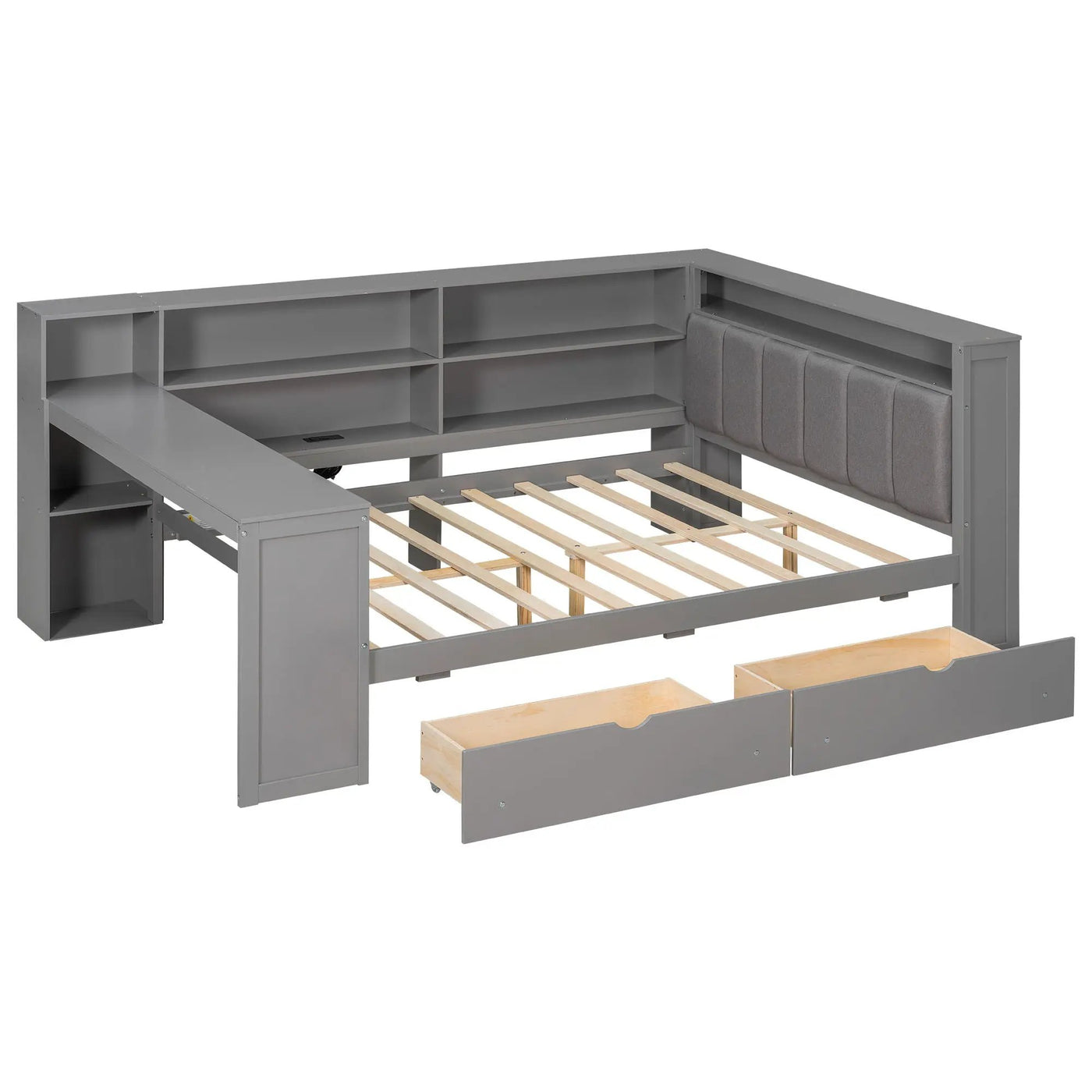 Platform Bed With Storage Shelves, Drawers, Charging Station, LED, Desk by HouseOfZazla