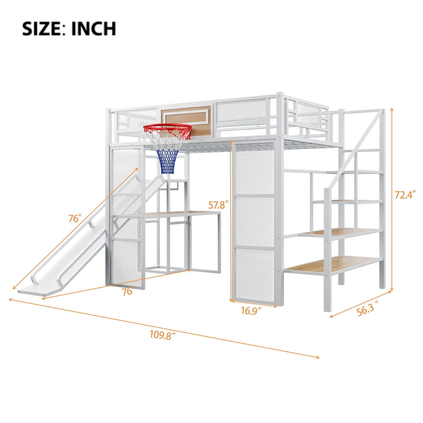 Loft Bed With Built In Desk, Open Wardrobe, Basketball Hoop, Slide And Staircase by HouseOfZazla