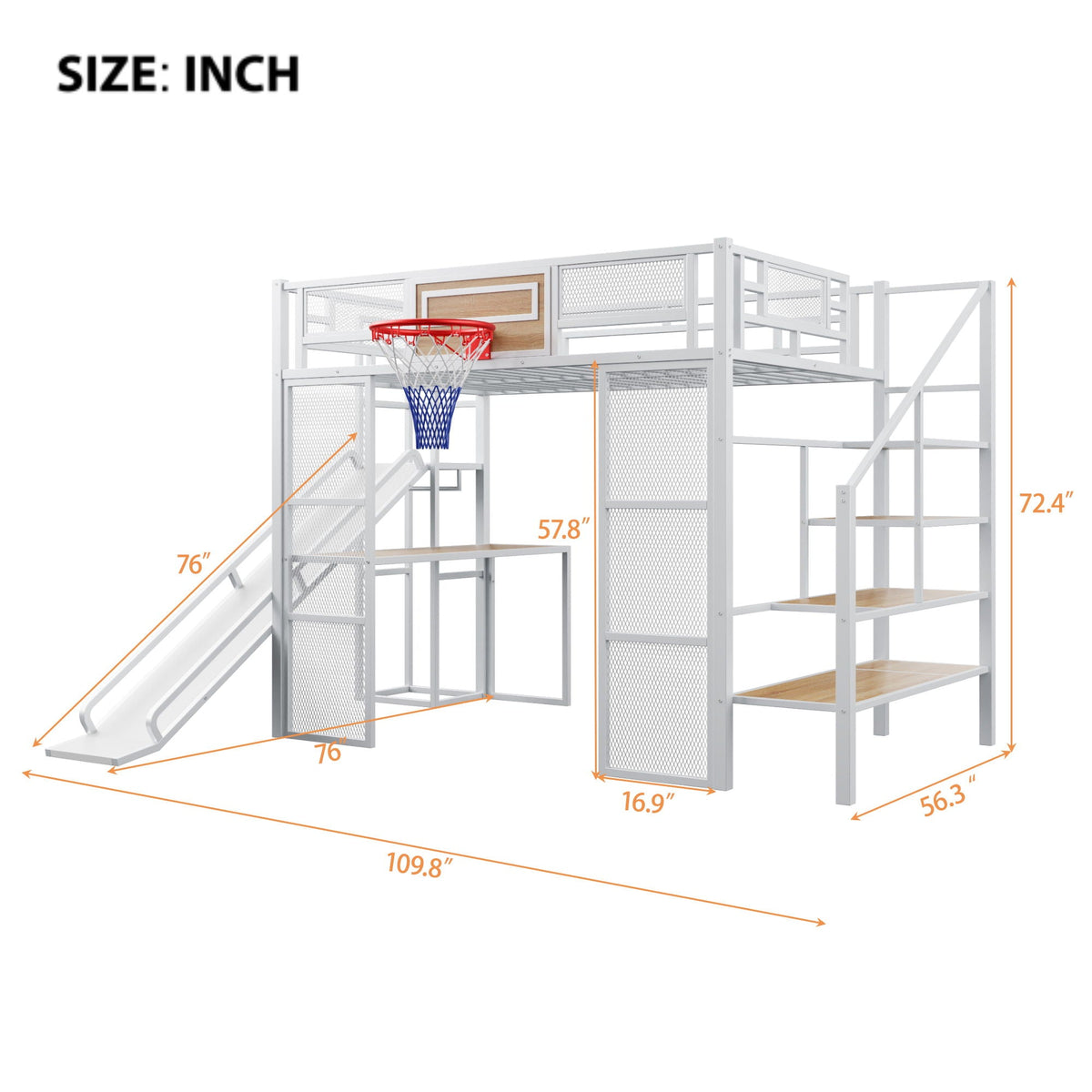 Full Loft Bed with Built-In Desk, Slide & Storage - Black or White, photo 5 of 24