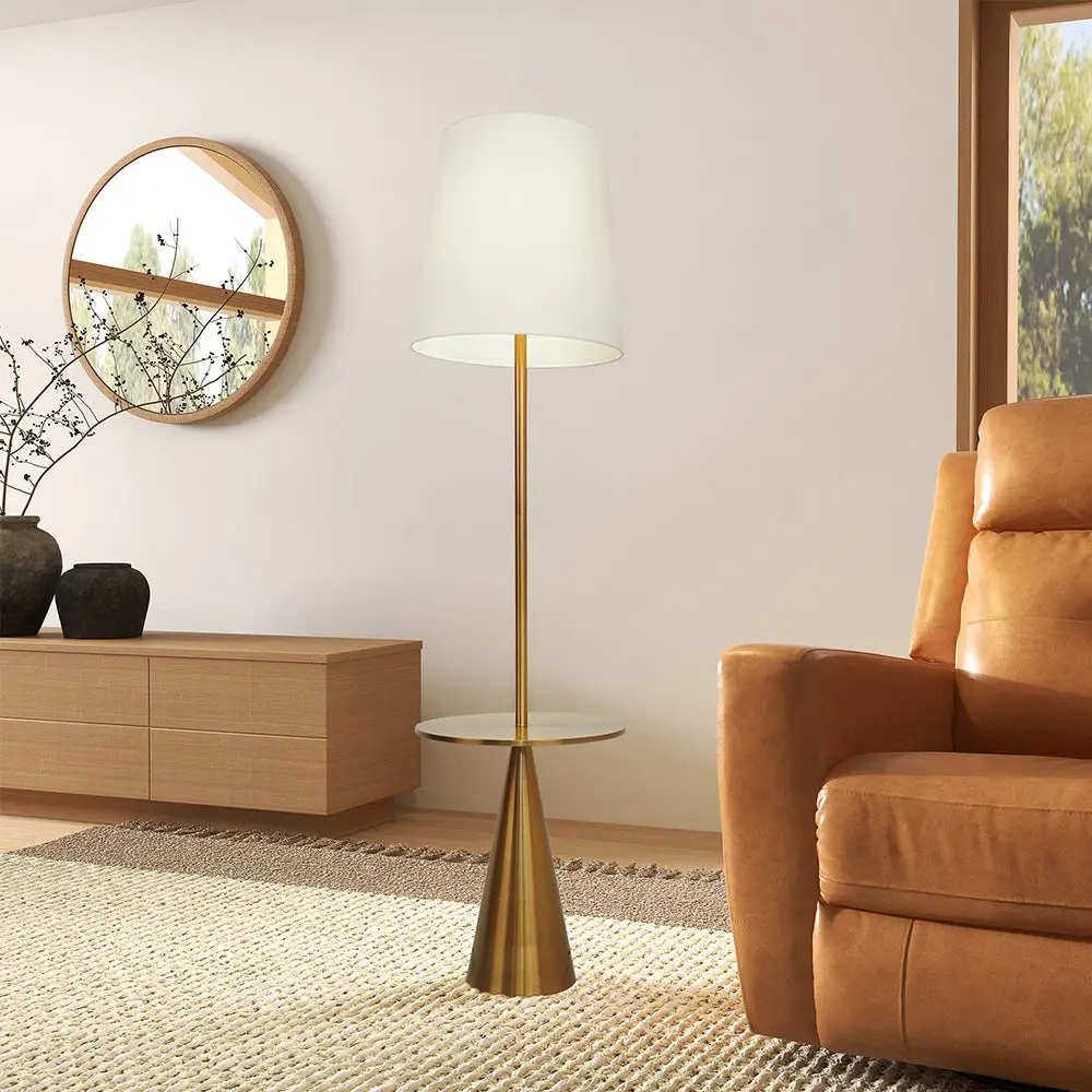 Celestial Modern Floor Lamp with Brass Accent Table and Large White Shade by BLAKHOM