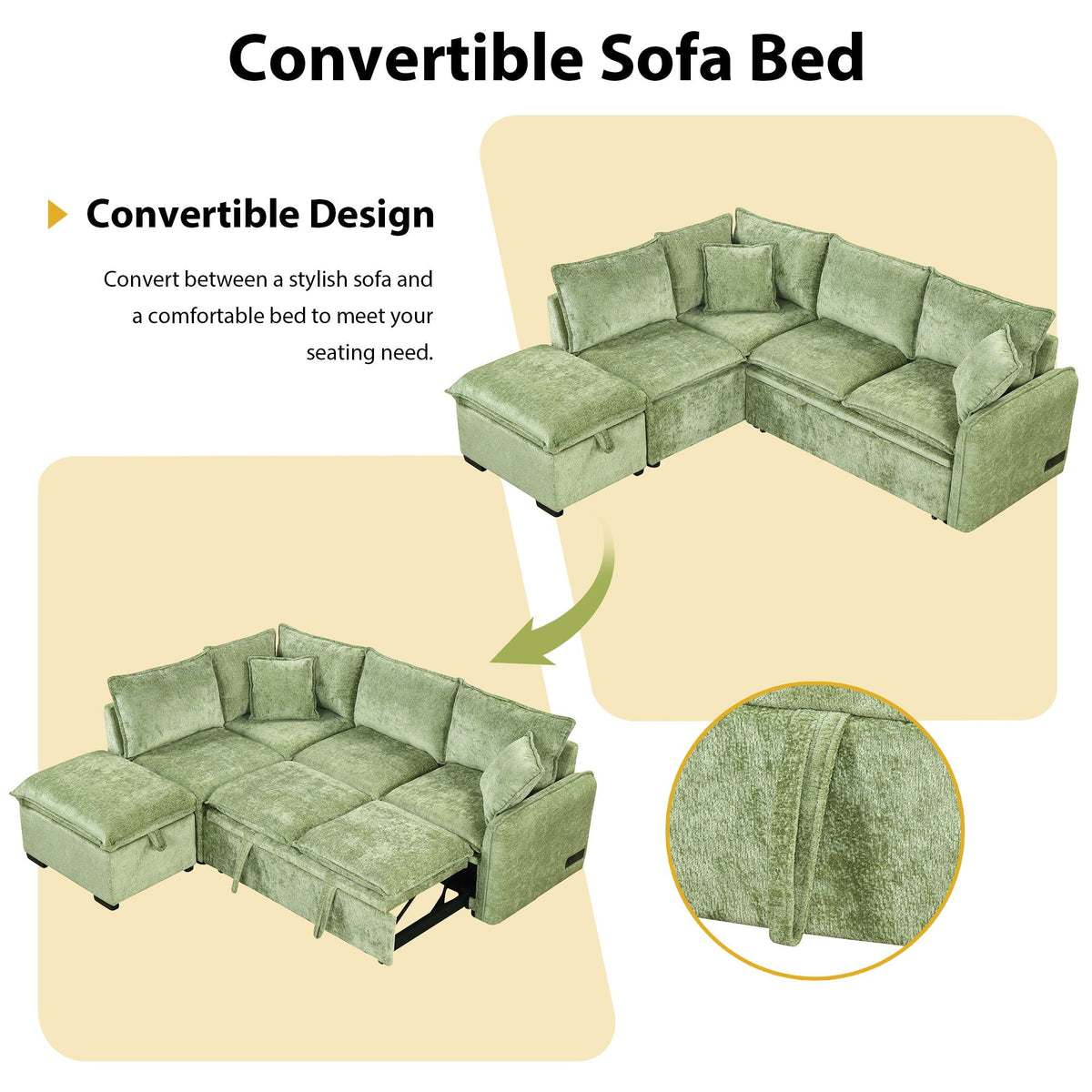 Convertible Sofa Bed Sectional with Storage Ottoman and Charging Ports - Green or Orange, photo 16 of 40