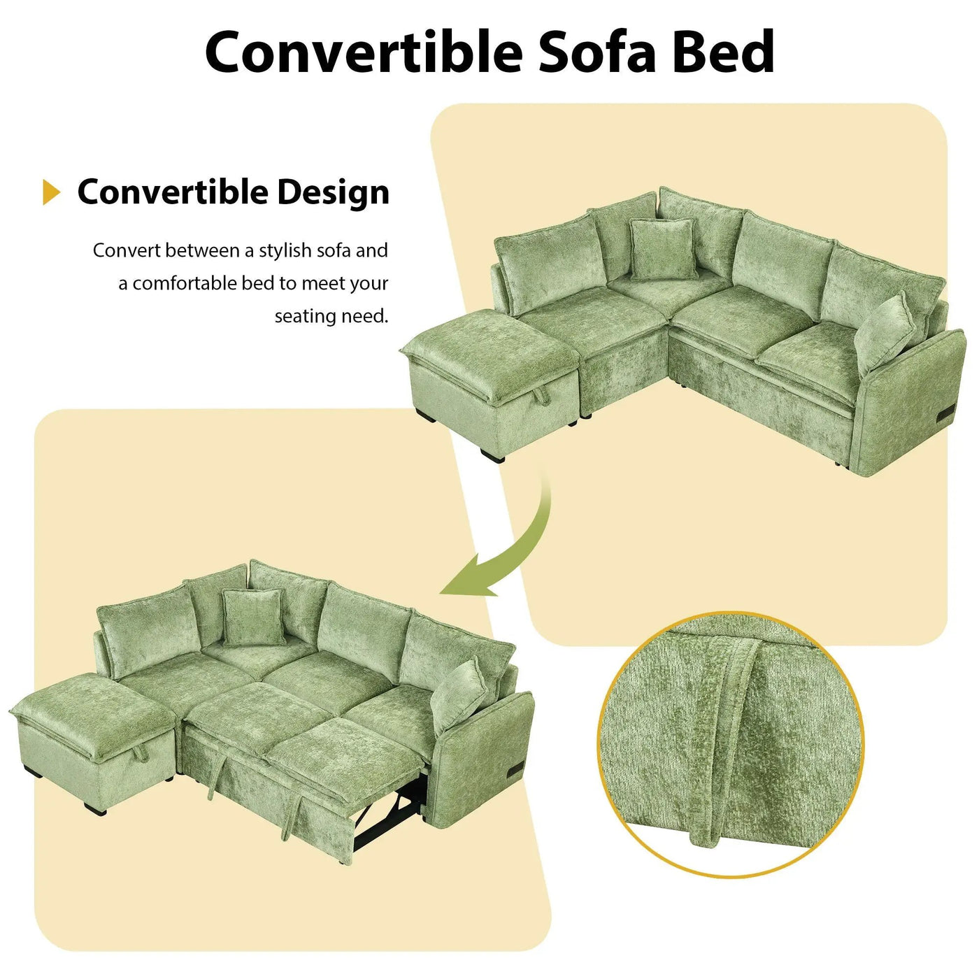 Convertible Sofa Bed Sectional Sofa Sleeper L-Shaped Sofa With A Storage Ottoman, Two Pillows, Two Power Sockets And Two USB Ports For Living Room by HouseOfZazla
