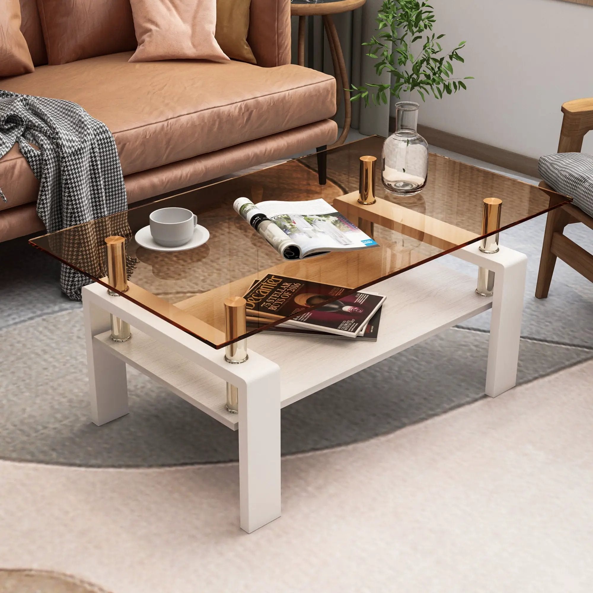 Modern Rectangular Coffee Table With Tempered Transparent Glass Top And Storage Shelf by Unique Piece Furniture