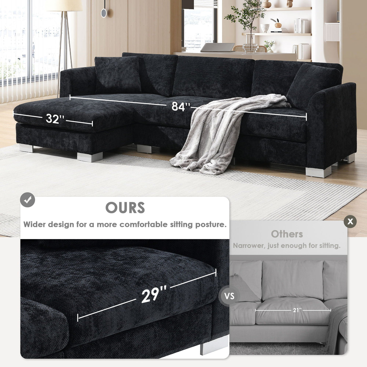 Modern Cloud Sectional Sofa L Shaped Luxury Couch Set With 2 Free Pillows 4 Seat With Oversized Chaise by Unique Piece Furniture