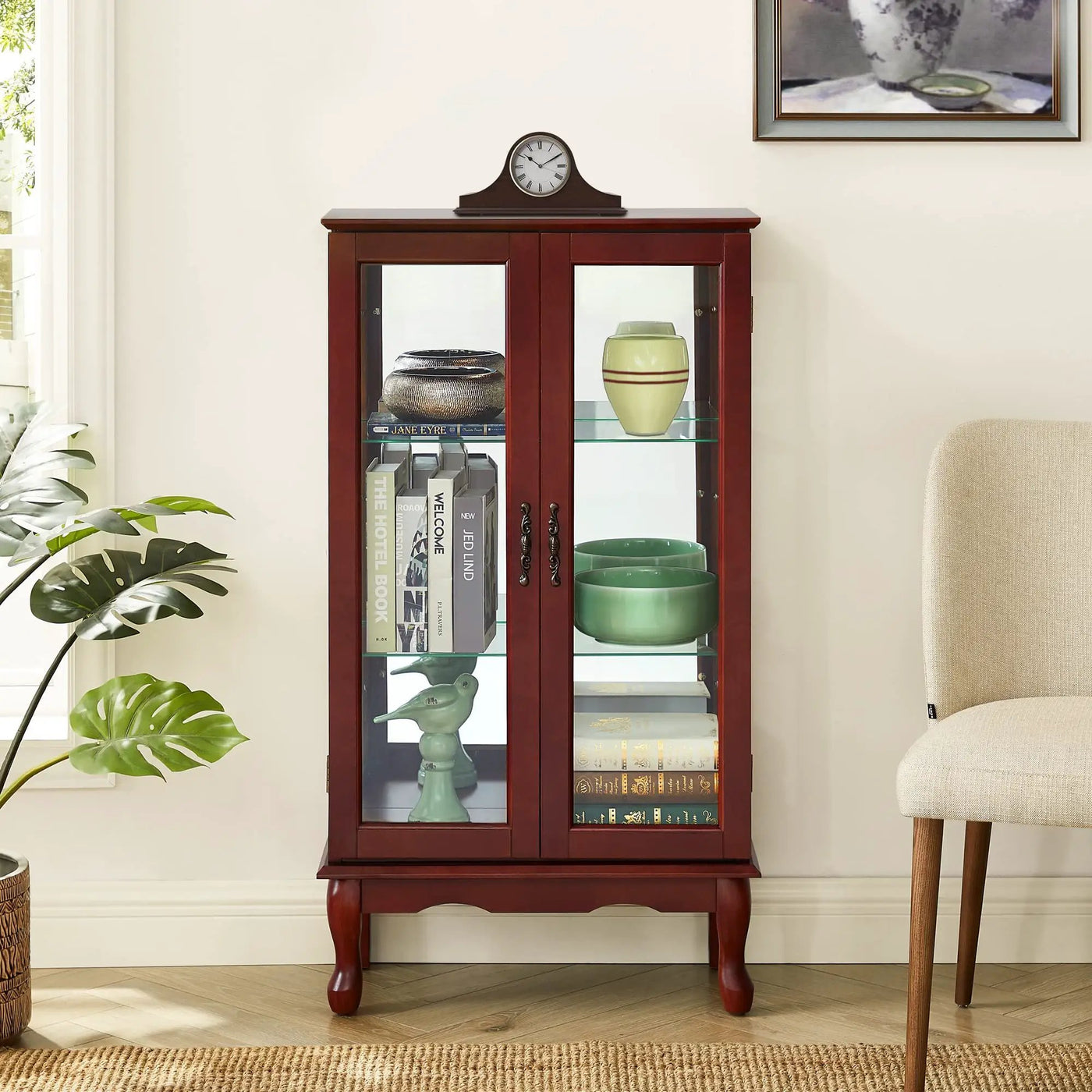 Curio Cabinet Lighted Curio Diapaly Cabinet With Adjustable Shelves And Mirrored Back Panel, Tempered Glass Doors (3 Tier), (E26 Light Bulb Not Included) by HouseOfZazla