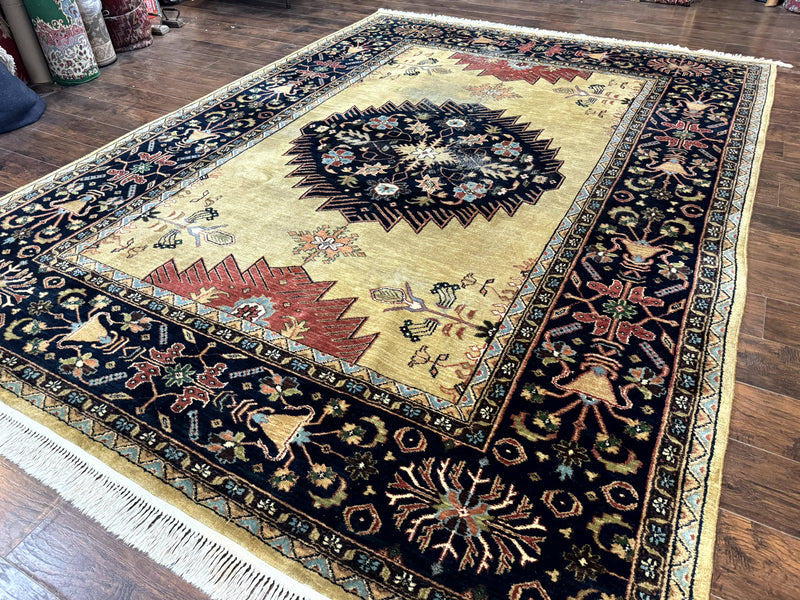 Indo Persian Heriz Rug 8x12, Camel Hair Tan and Navy Blue, Decorative by Jewel Rugs