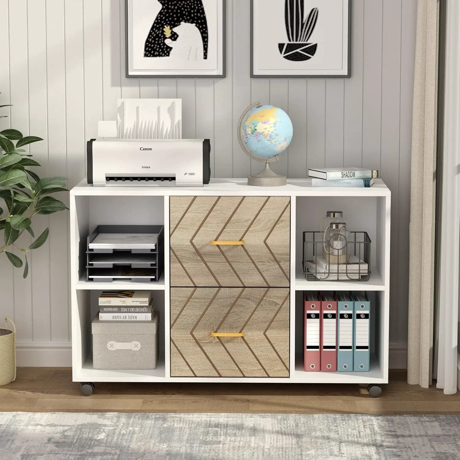 Large Mobile Lateral File Cabinet With 2 Drawers, Printer Stand & Storage Shelves, For Letter Size Files - White / Oak by HouseOfZazla