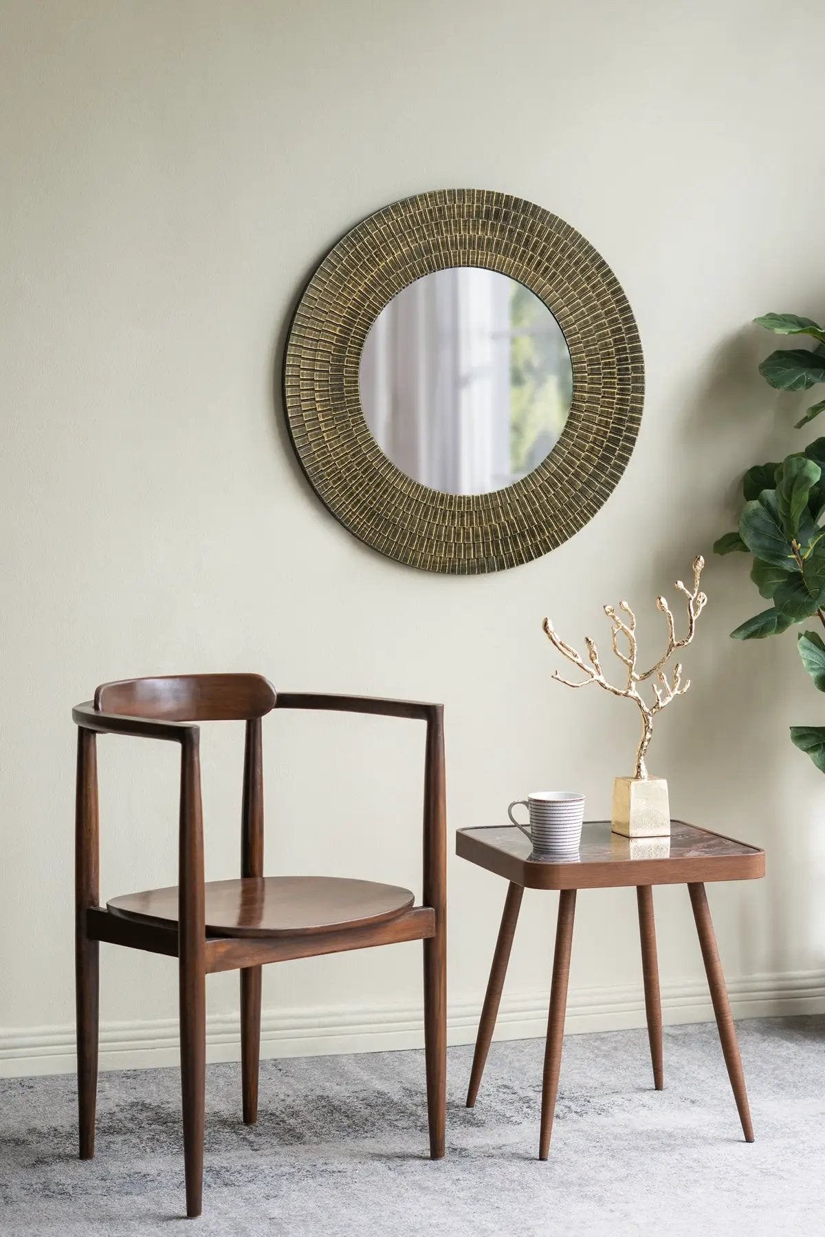 29.5" Round Gold and Black Wooden Accent Mirror with Woven Texture by HouseOfZazla