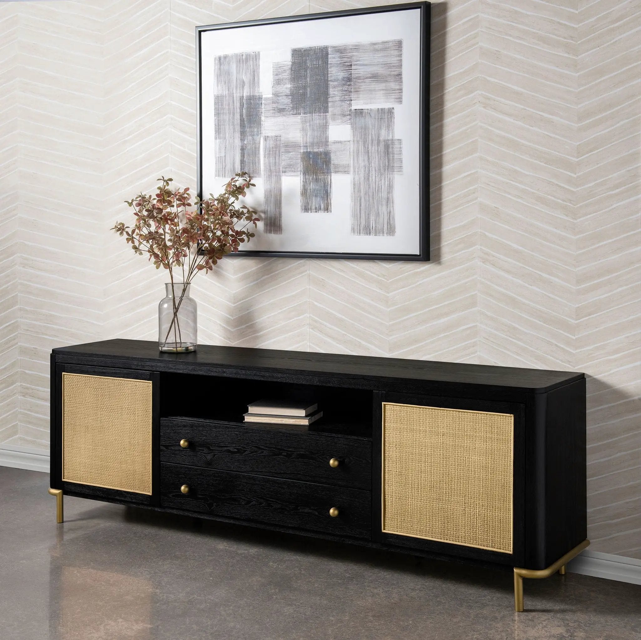 Arini Rattan Cane 2-door TV Stand Media Console Black by Unique Piece Furniture