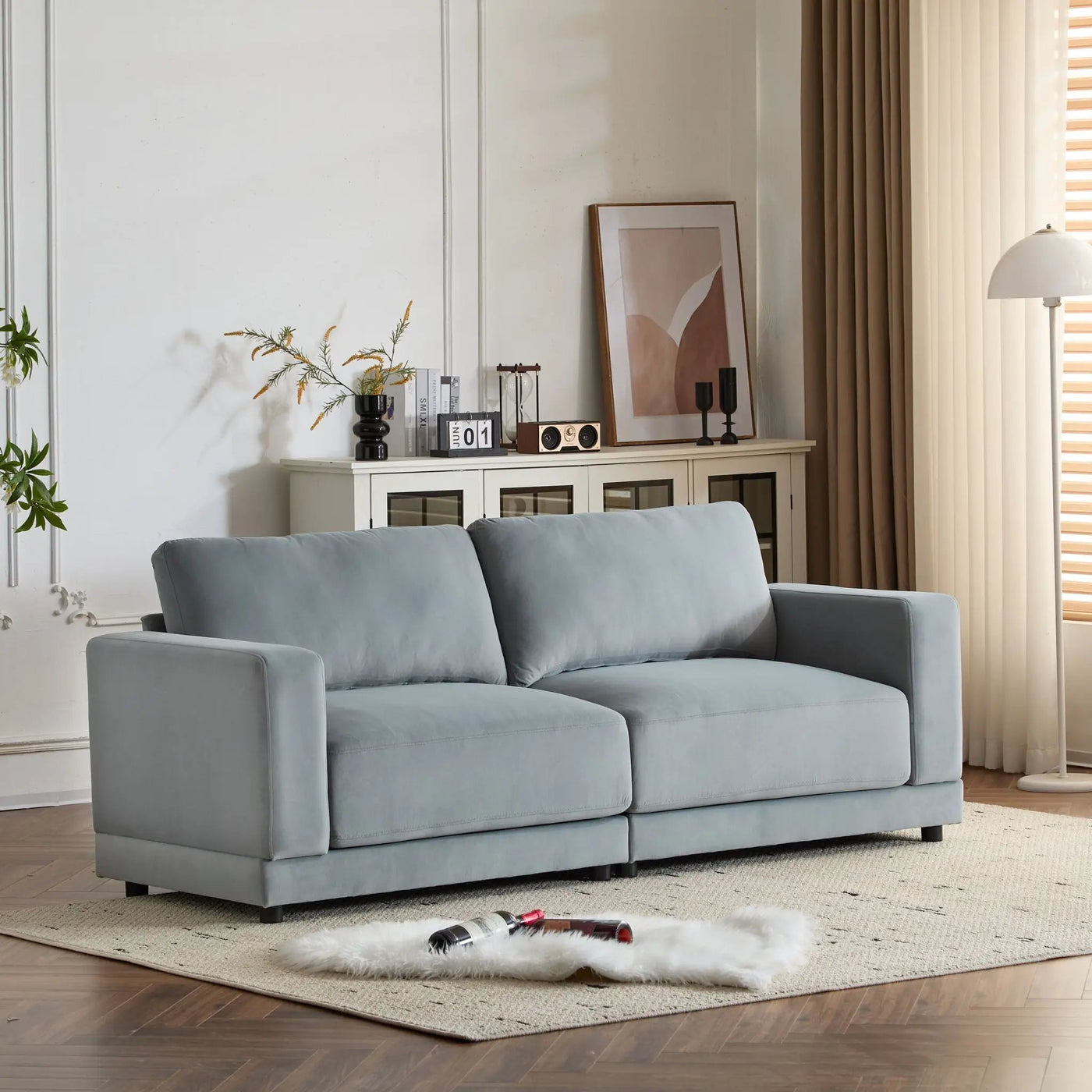 Modern Square Arm Sofa With Soft Fabric Upholstery, Deep Cushions by HouseOfZazla