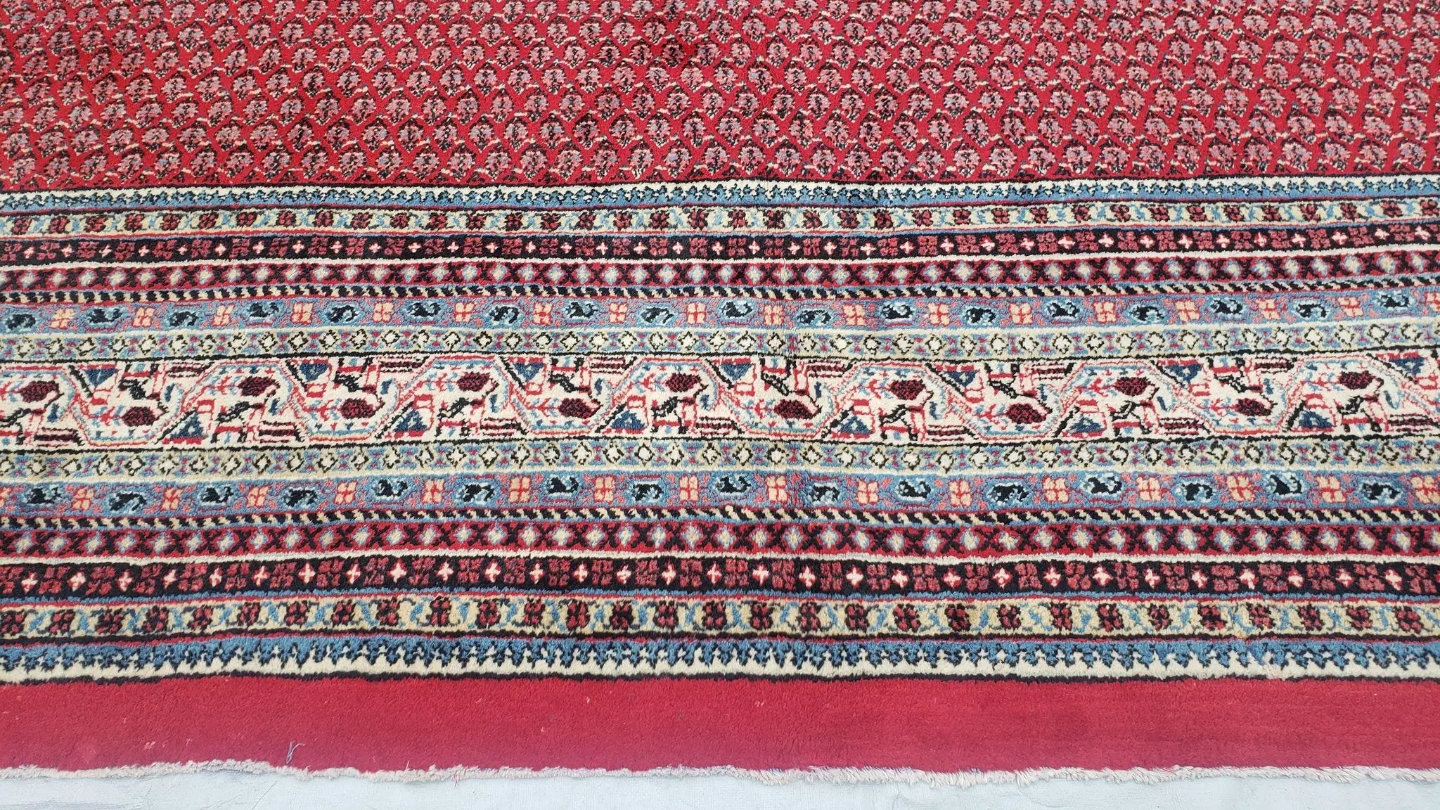 Persian Sarouk Mir Pattern, Red and Beige, Hand-Knotted, Wool, Paisley Boteh Design, 9'9" x 13', Semi Antique by Jewel Rugs