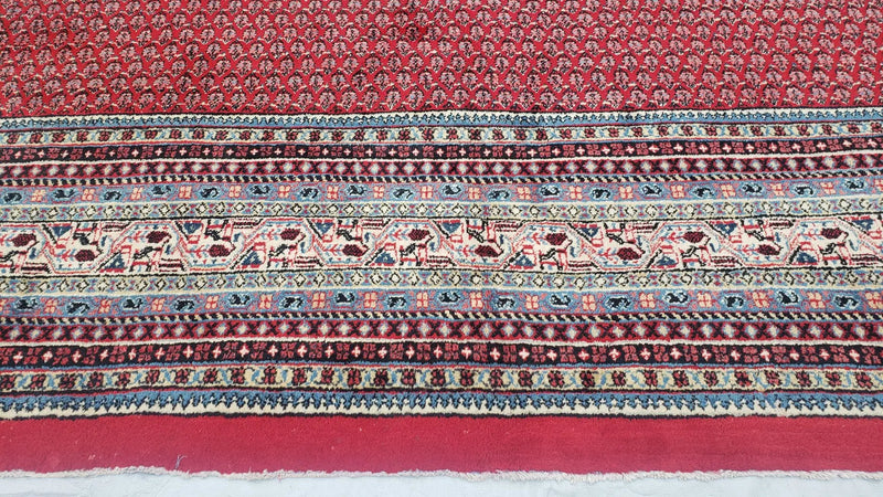 Persian Sarouk Mir Pattern, Red and Beige, Hand-Knotted, Wool, Paisley Boteh Design, 9'9" x 13', Semi Antique by Jewel Rugs