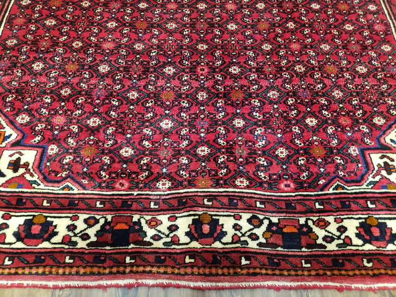 Vintage Persian Hamedan Rug 7x10, Angelas Mahi Pattern, Red, Wool, Hand-Knotted by Jewel Rugs