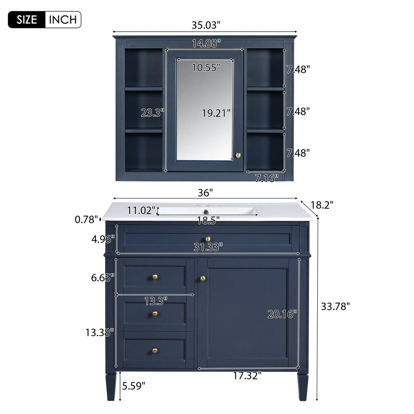 Bathroom Vanity With Mirror Cabinet, Single Sink With 2 Soft Closing Doors And 4 Drawers by HouseOfZazla