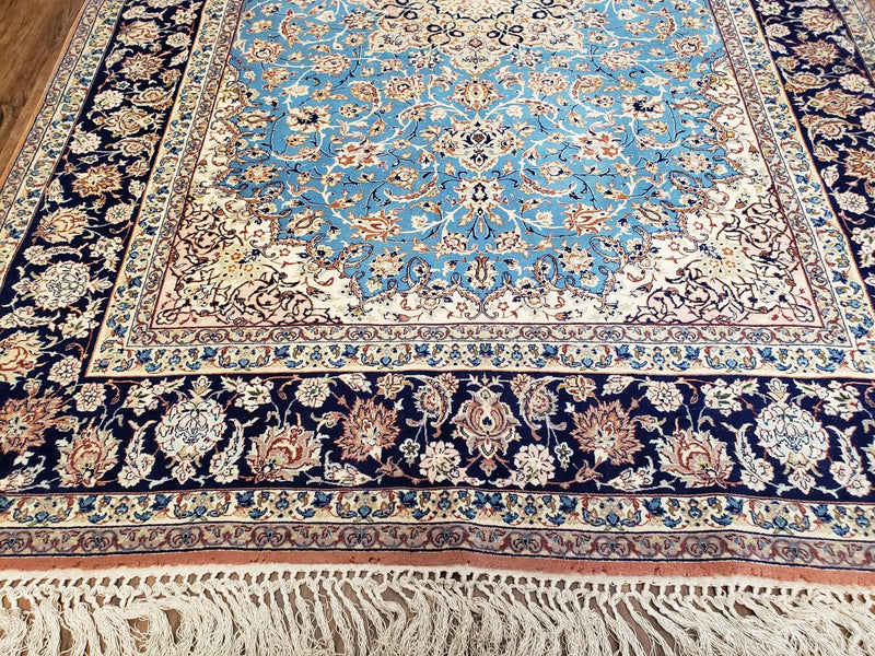 Persian Isfahan Rug, Kork Wool on Silk Foundation, Sky Blue, Hand-Knotted, 5' 1" x 7' 8" by Jewel Rugs