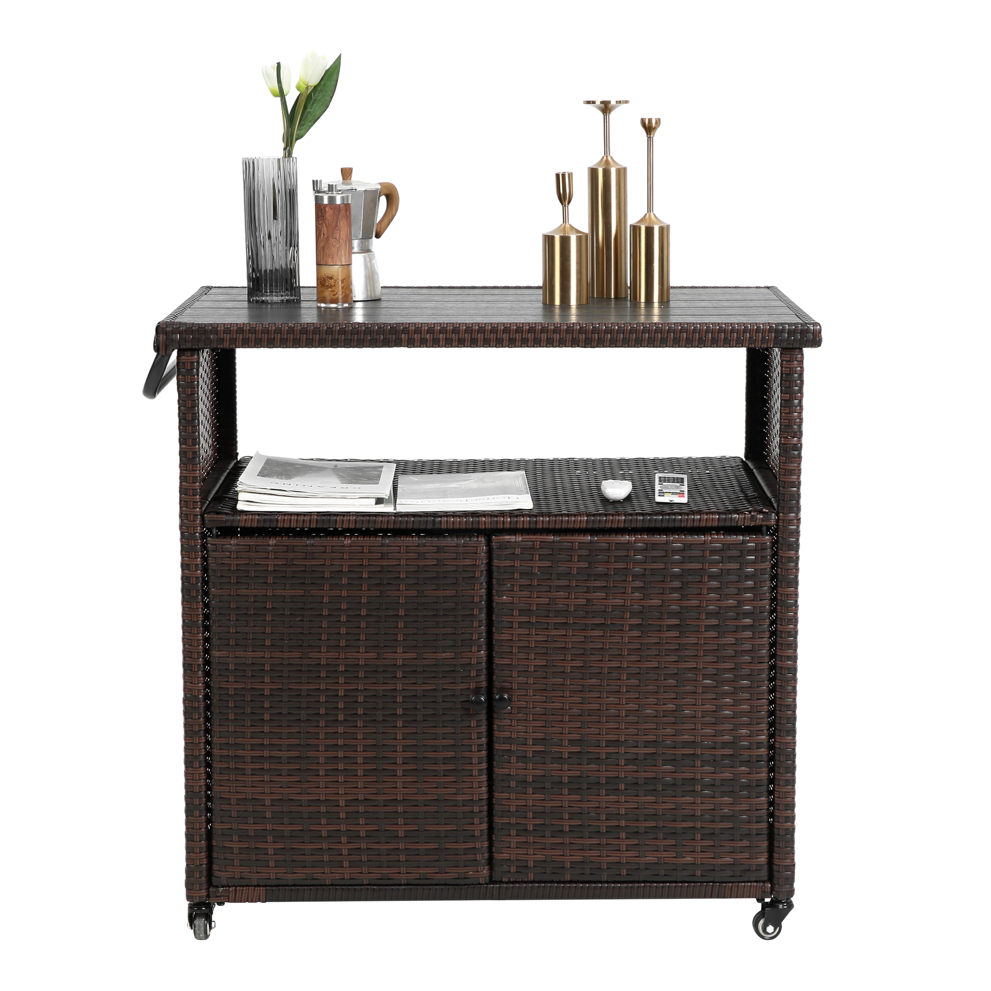 Outdoor Wicker Bar Cart with Glass Top and Wheels - Light Brown by HouseOfZazla