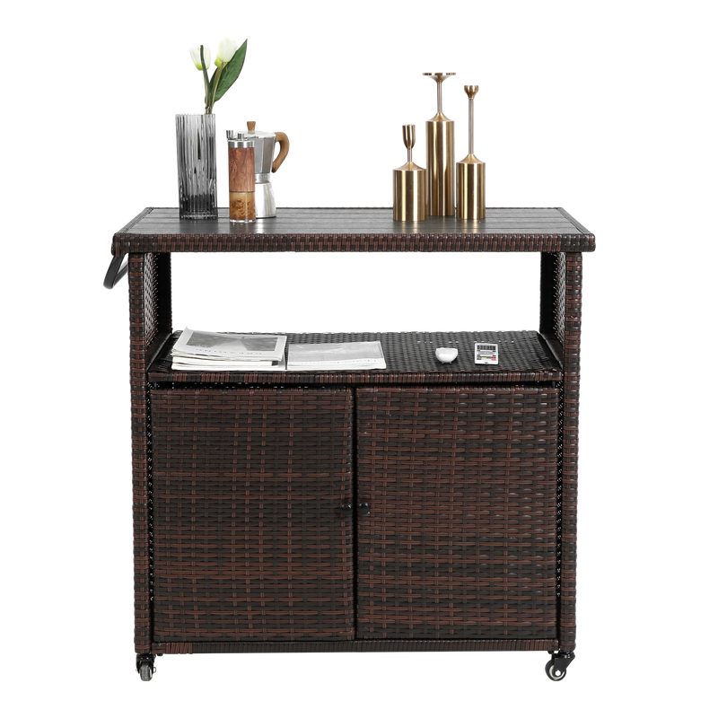 Outdoor Wicker Bar Cart with Glass Top and Wheels - Light Brown by HouseOfZazla