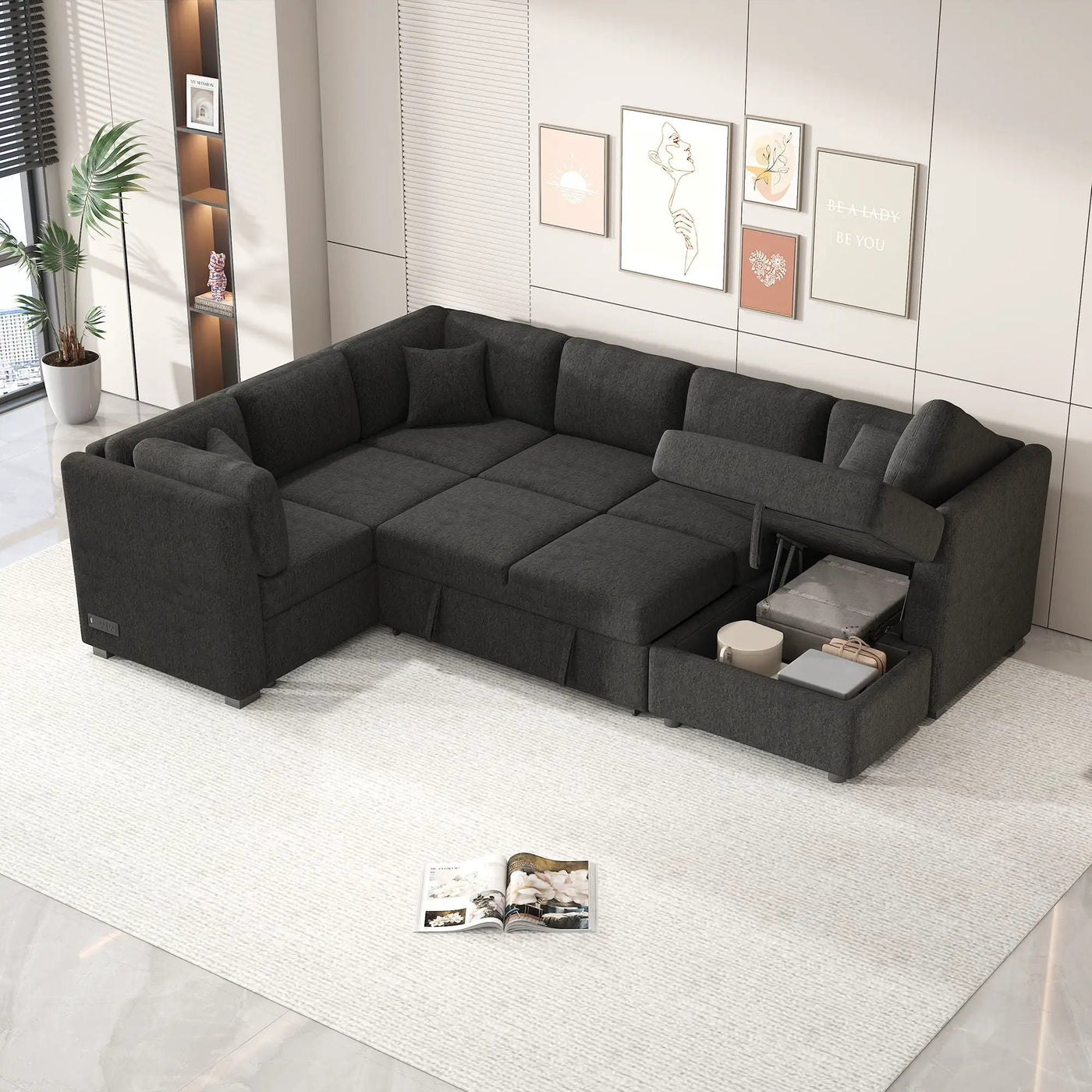 U-Shaped Sectional Sofa Pull Out Sofa Bed With Two USB Ports, Two Power Sockets, Three Back Pillows And A Storage Chaise For Living Room by HouseOfZazla