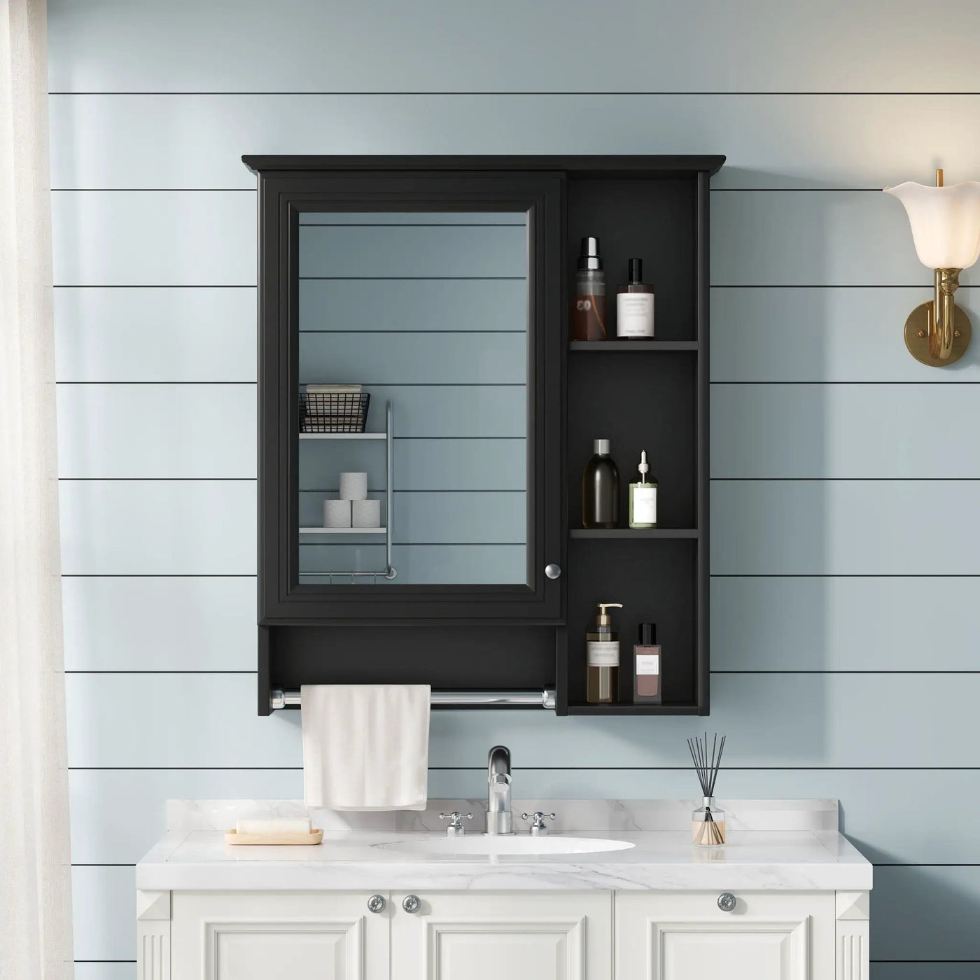 Modern 3 In 1 Bathroom Mirror Cabinet With Adjustable Shelf & Towel Bar by Unique Piece Furniture