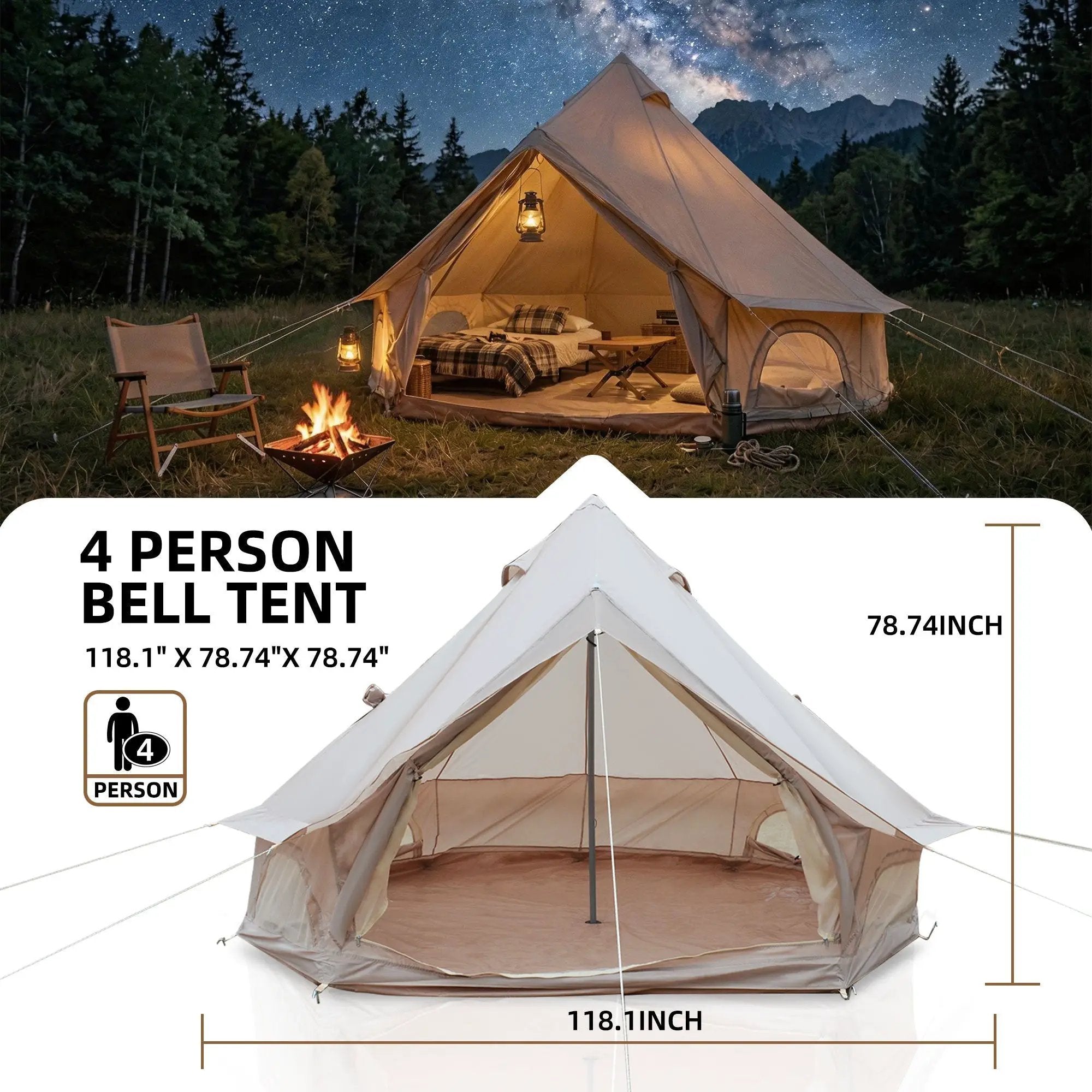 4 Season Bell Tent 9.8 FT Beige Waterproof Glamping Yurt Tent by HouseOfZazla