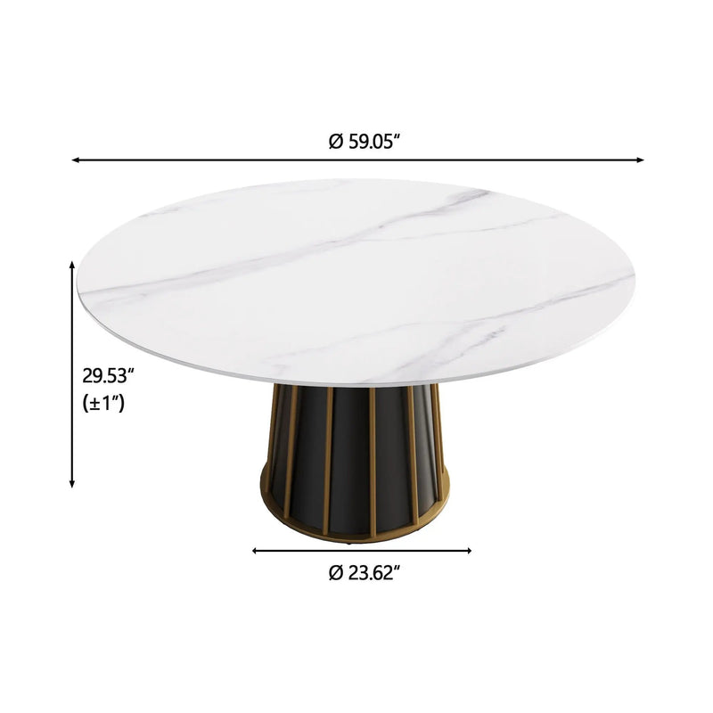 59.05" Modern Artificial Stone Round Panel Metal Iron Base Dining Table, Can Accommodate 8 People, (Not Including Chairs) - White / Black by HouseOfZazla