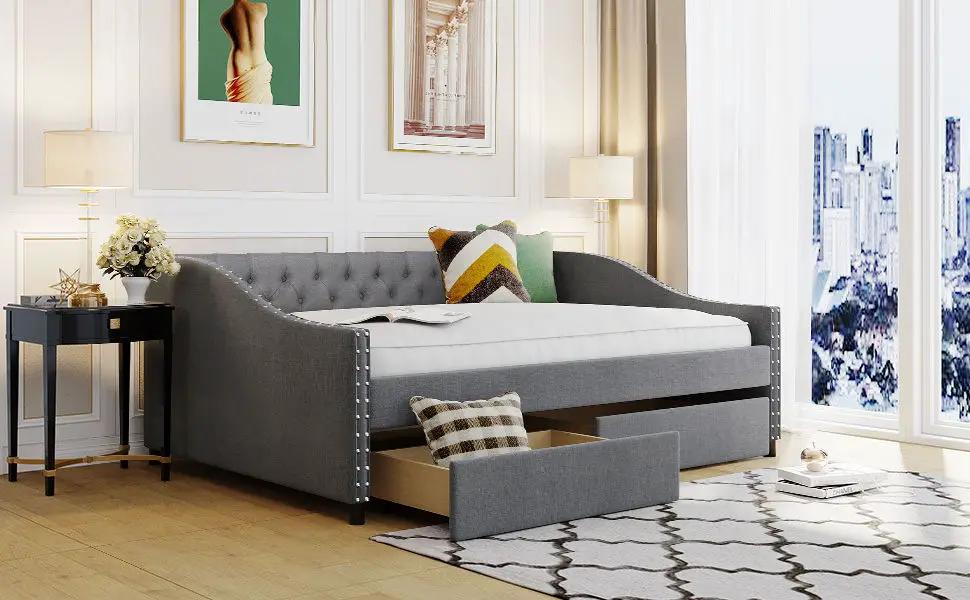 Upholstered Daybed With Two Drawers, Wood Slat Support by HouseOfZazla