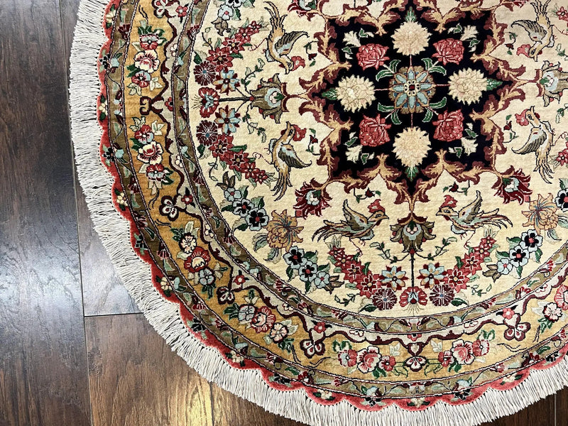 Silk Persian Tabriz Round Rug 3x3 ft, Very Fine Hand Knotted Carpet 380 KPSI, Cream & Gold, Bird Pictorials, Floral, Rare by Jewel Rugs