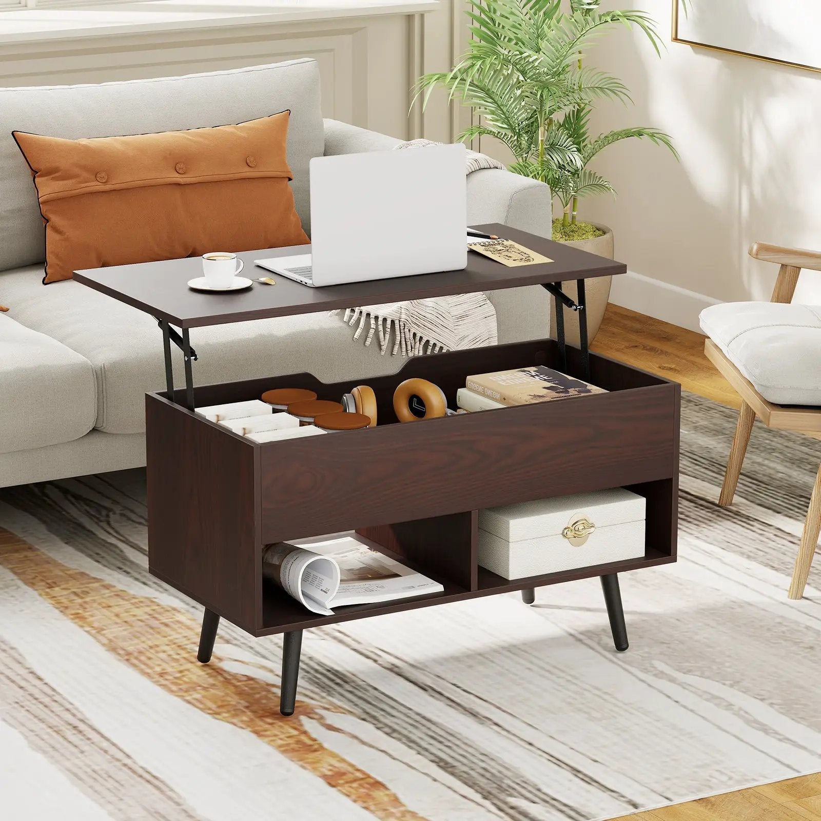 31.5 Inch Lift-Top Coffee Table with Hidden Storage and 2 Open Shelves by DirectDeals