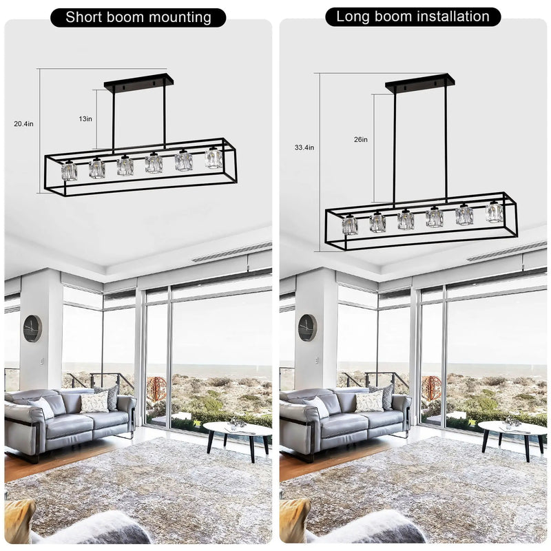 6 Light Farmhouse Chandelier, Modern Industrial Linear Rectangular Crystal Pendant Light Cage Chandelier For Dining Room, Kitchen Island, Bar, Long Table, G9*6 Bulbs Included - Matte Black by Unique Piece Furniture