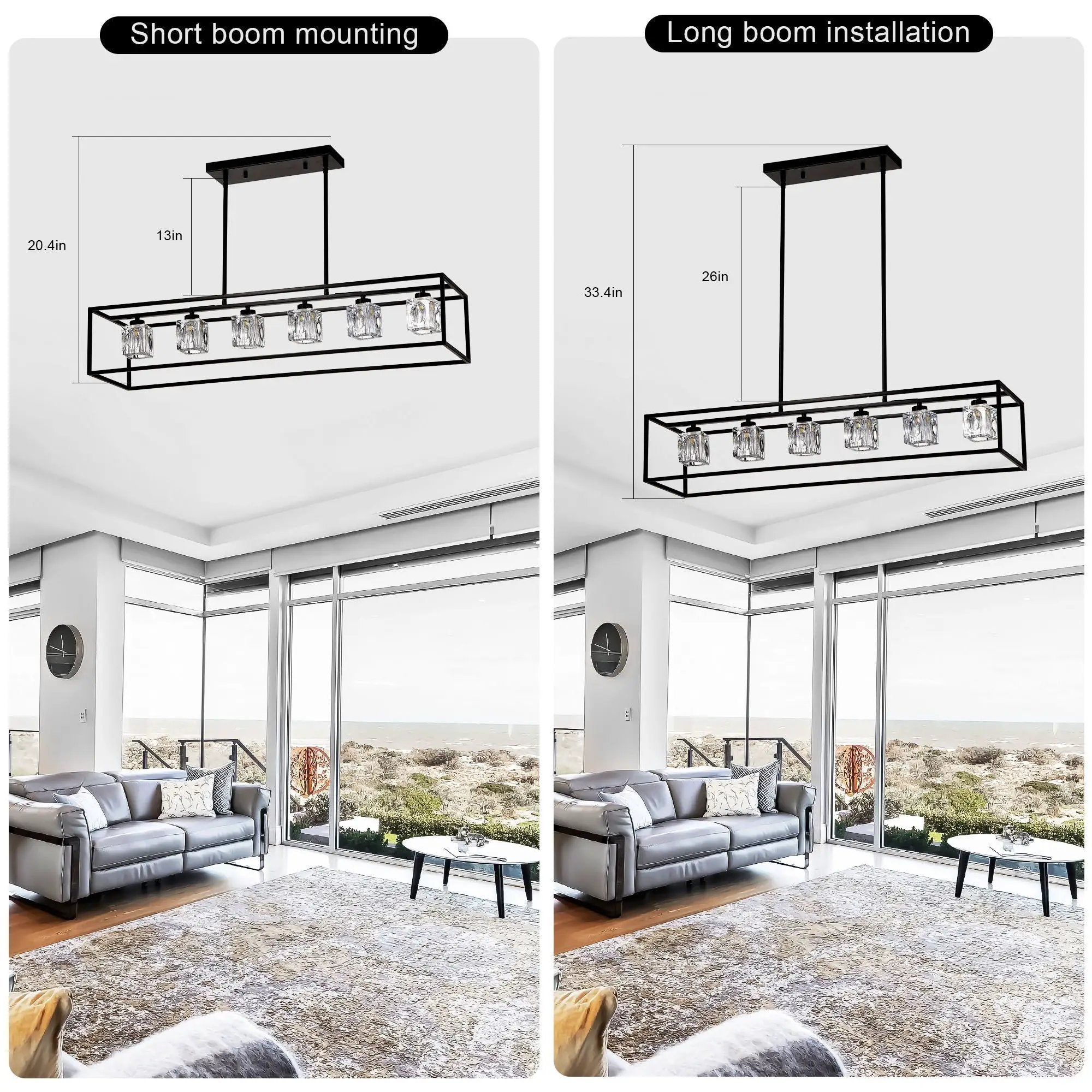 6 Light Farmhouse Chandelier, Modern Industrial Linear Rectangular Crystal Pendant Light Cage Chandelier For Dining Room, Kitchen Island, Bar, Long Table, G9*6 Bulbs Included - Matte Black by HouseOfZazla
