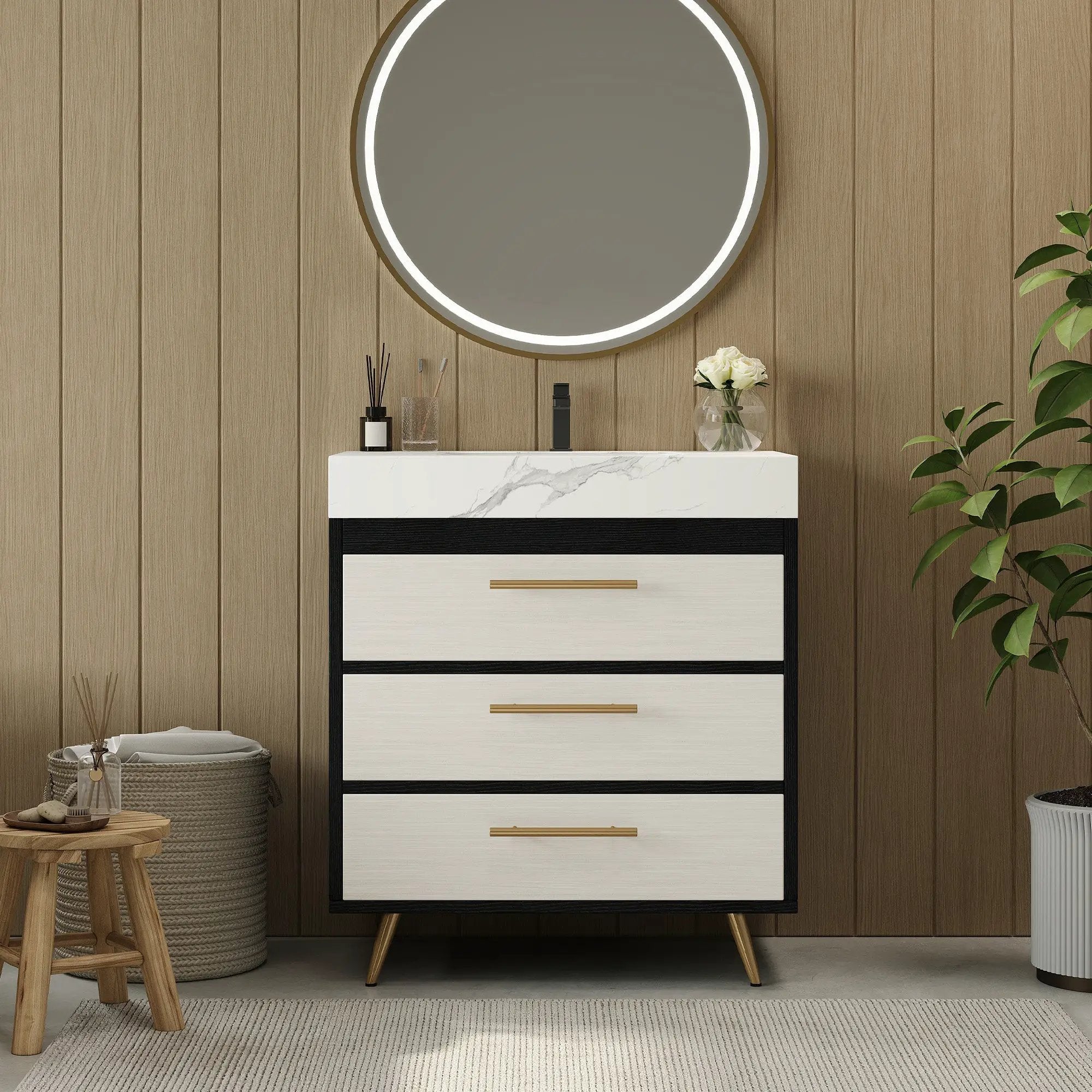 Modern Free-Standing Bathroom Vanity with Ceramic Vessel Sink & Durable Sintered Stone Top by HouseOfZazla